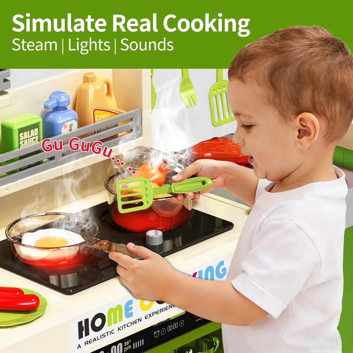 Pupu Pig Kids Kitchen Playset, Play Kitchen with Steam, Lights and Sounds