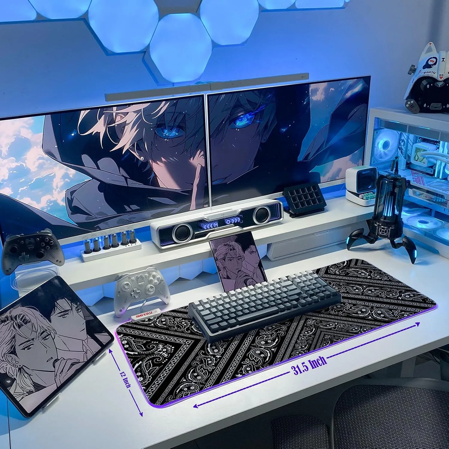 JMIYAV White Gaming Mouse Pad RGB Mousepad 31.5x12In Non-Slip Rubber Base Extra Large Cool XL XXL Computer Desk Pad Gaming Accessories Setup LED Light Up Big Mouse Pad for Gamer Black Obsidian Weave