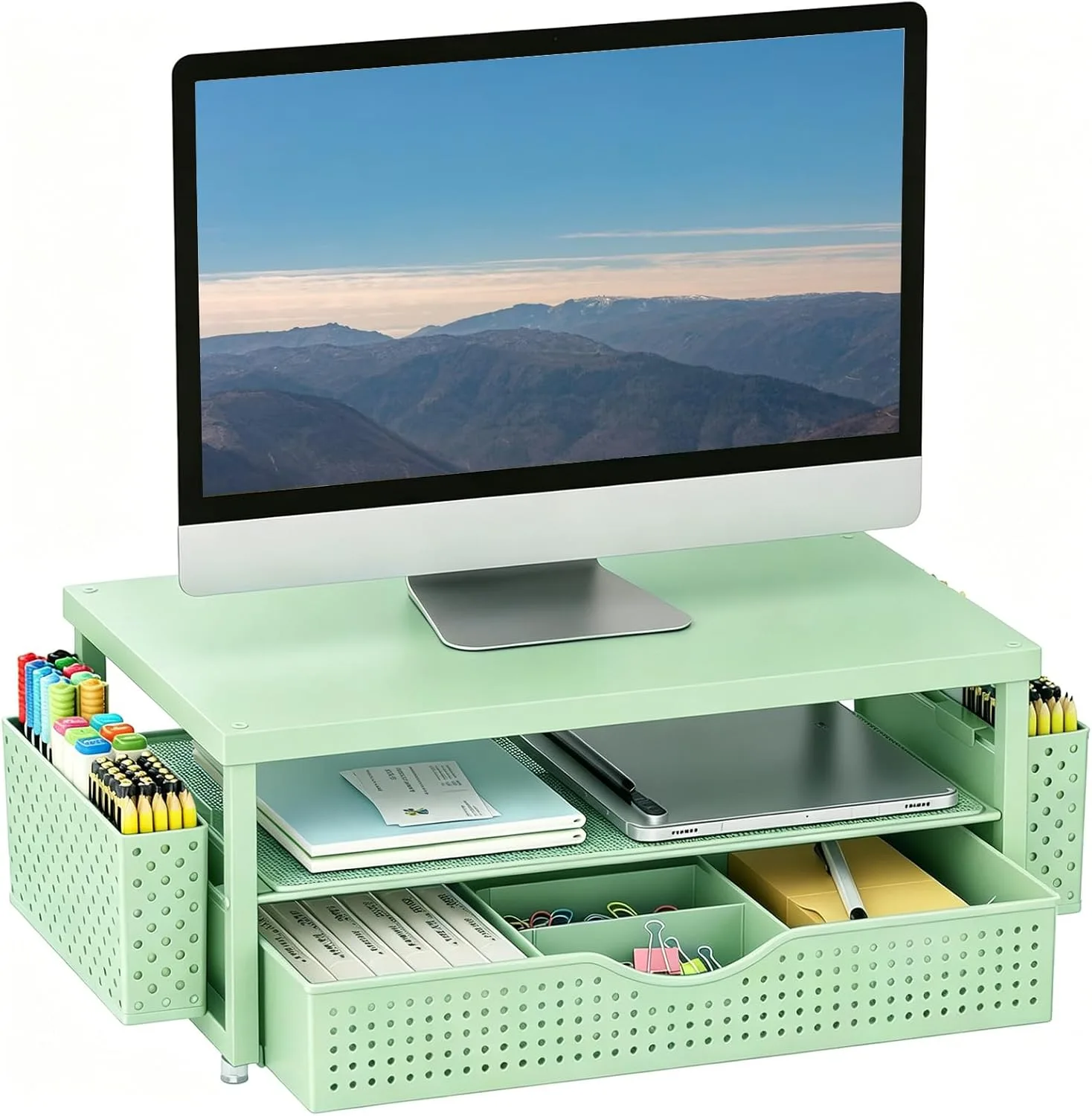 Base para monitor Gianotter con cajón y 2 portabolígrafos Verde Aceituna