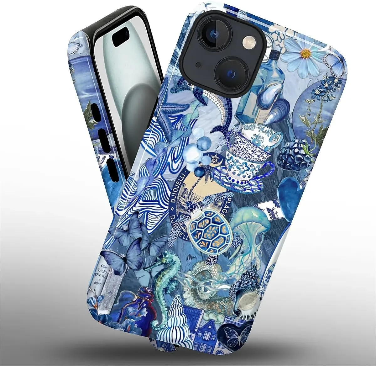 DAIZAG Case for iPhone 15,Mixed 2 Layer Design Shockproof Soft TPU Ddouble Protection Phone Case for iPhone 15-Blue Book Sea Life World