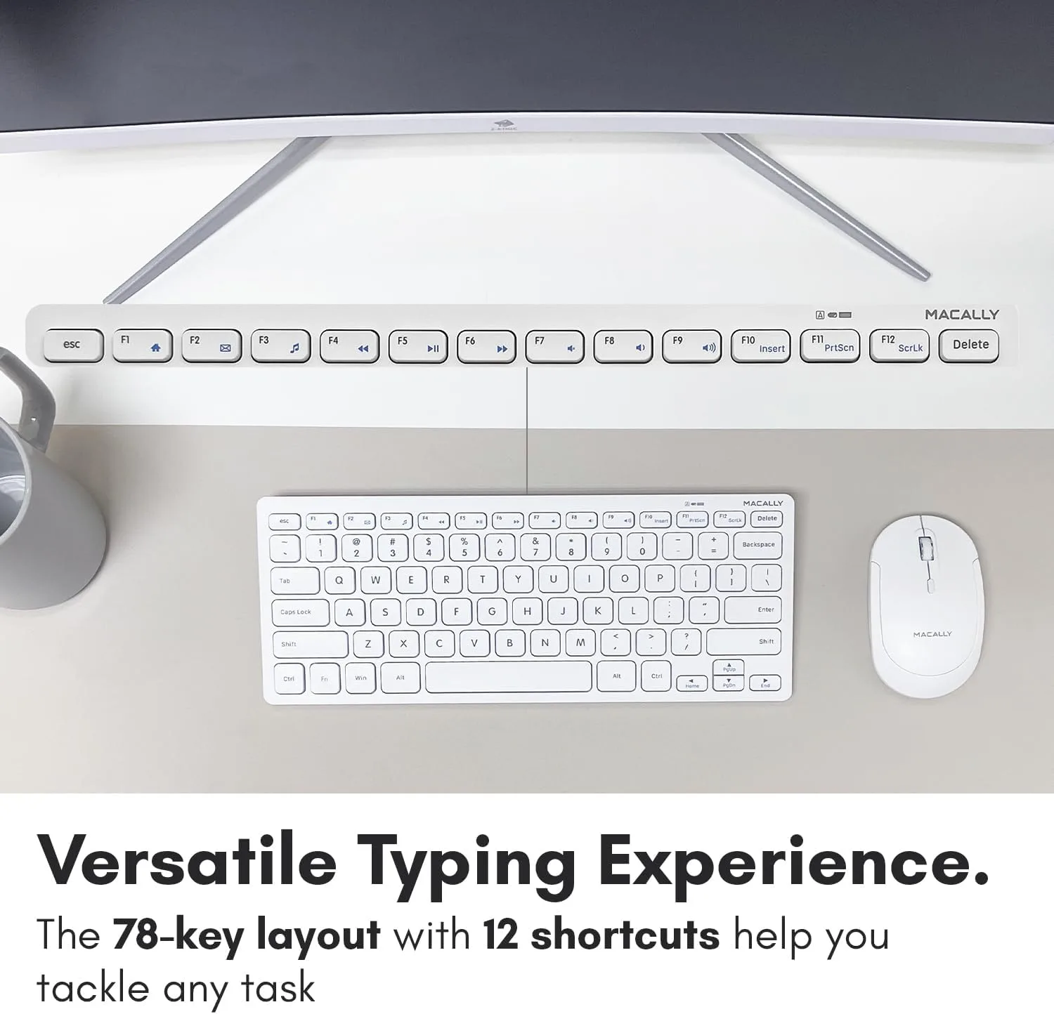 Macally White Wireless Keyboard and Mouse Combo - Quiet Productivity Duo - 2.4G Small Keyboard and Mouse Wireless - 78 Key Quiet Cordless Compact Mouse and Keyboard Combo with Mini Body