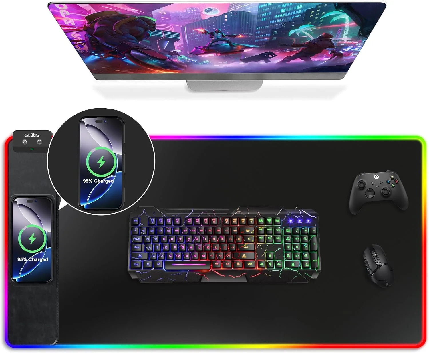 RGB Gaming Mouse Pad with Wireless Charging, Large Desk Mat, 31.5"x11.8"