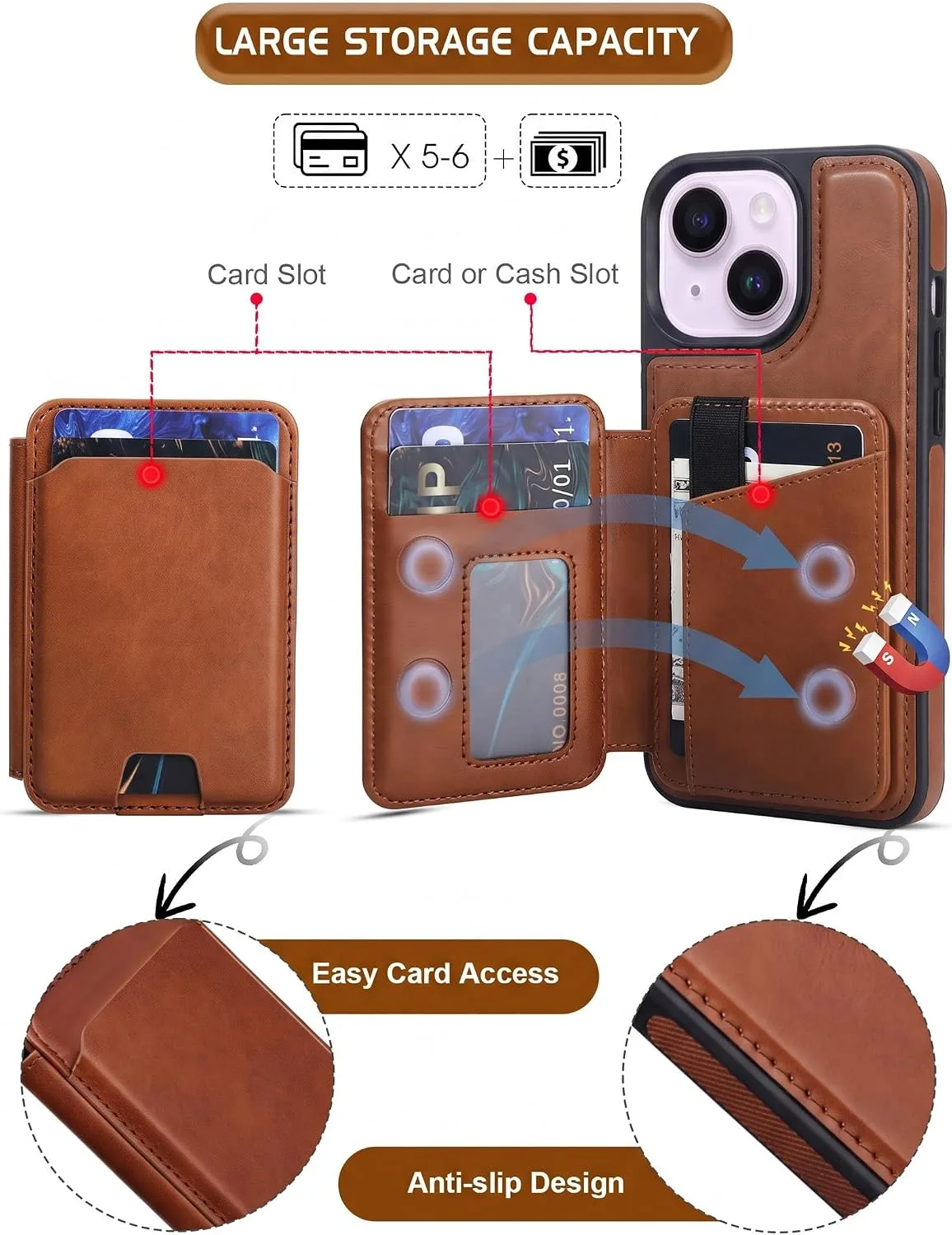 Magnetic Detachable Wallet Case for iPhone 15/14 Plus with Kickstand,2-in-1 MagSafe Compatible RFID Blocking Card Holder,Slim PU Leather Cover Brown