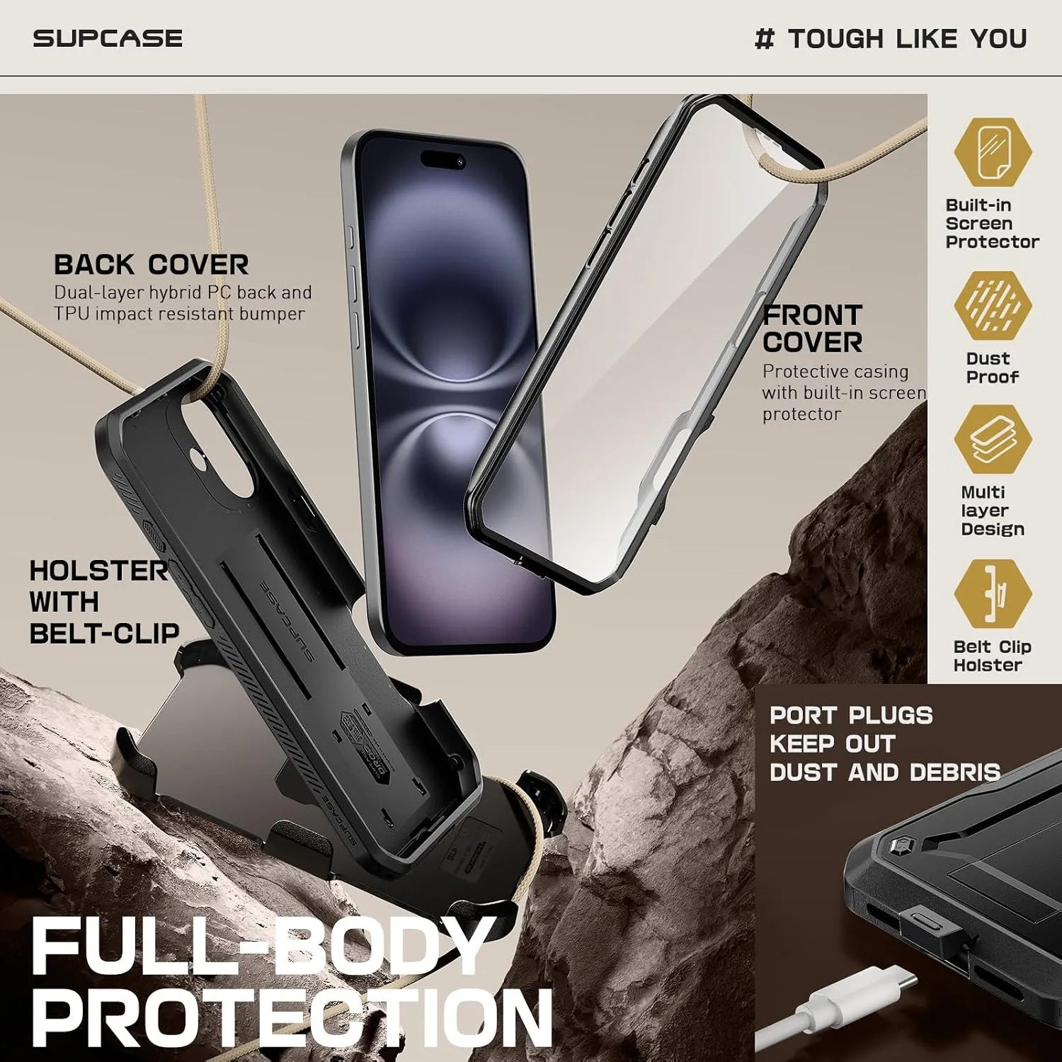 SUPCASE for iPhone 16 Case with Screen Protector & Kickstand, Black