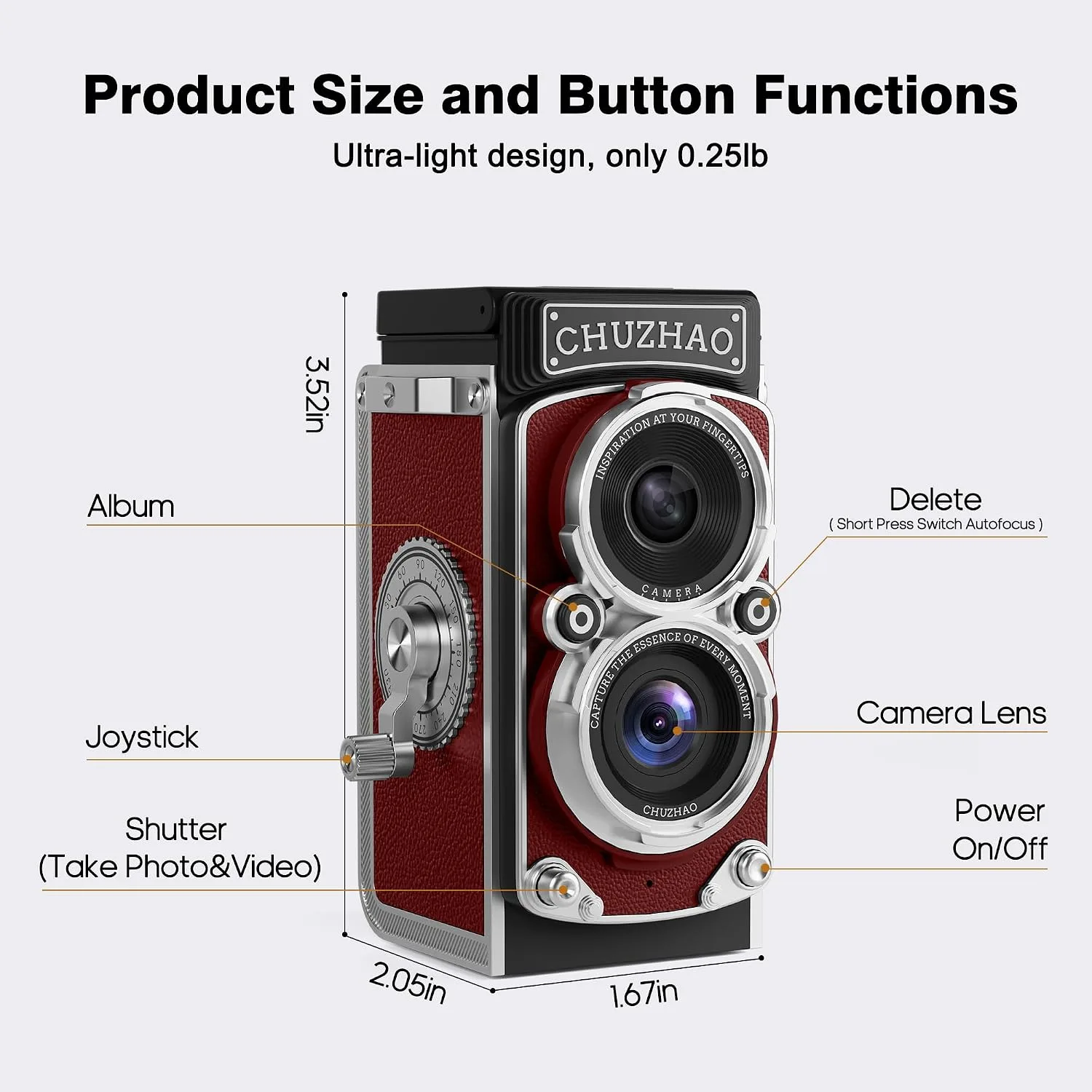 CHUZHAO Vintage Mini Digital Camera, Portable TLR Style Retro Point and Shoot Compact Small Pocket 1080P FHD Video 12MP Autofocus Vlogging Camera with 16 GB Card for Beginners Teens Adults Red