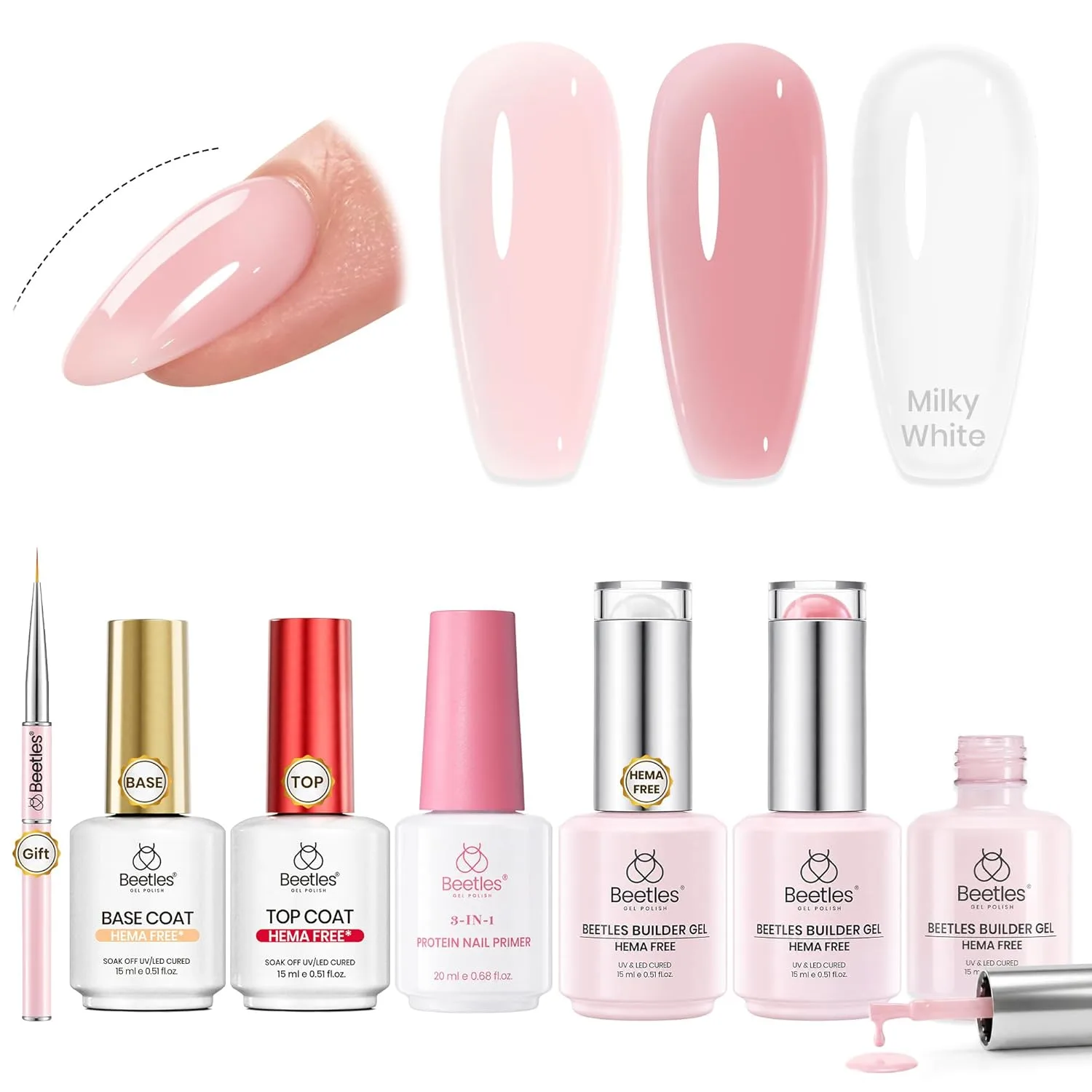 Beetles Builder Gel Kit HEMA FREE, 3 Colors & Nail Primer, Base Top Coat