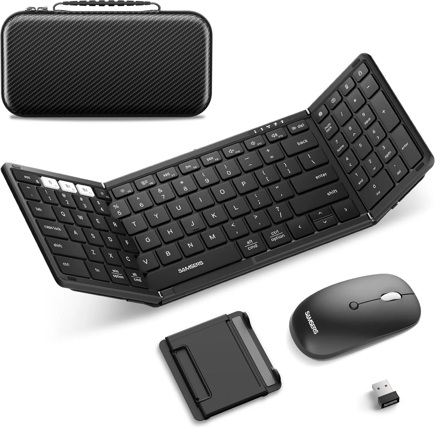 Foldable Keyboard and Mouse, Samsers Folding Bluetooth Keyboard Combo, 2.4G + BT5.0 x 2, Full-Size Portable Travel Keyboard & Rechargeable Wireless Mouse for Windows Android iOS Mac OS, Classic Black