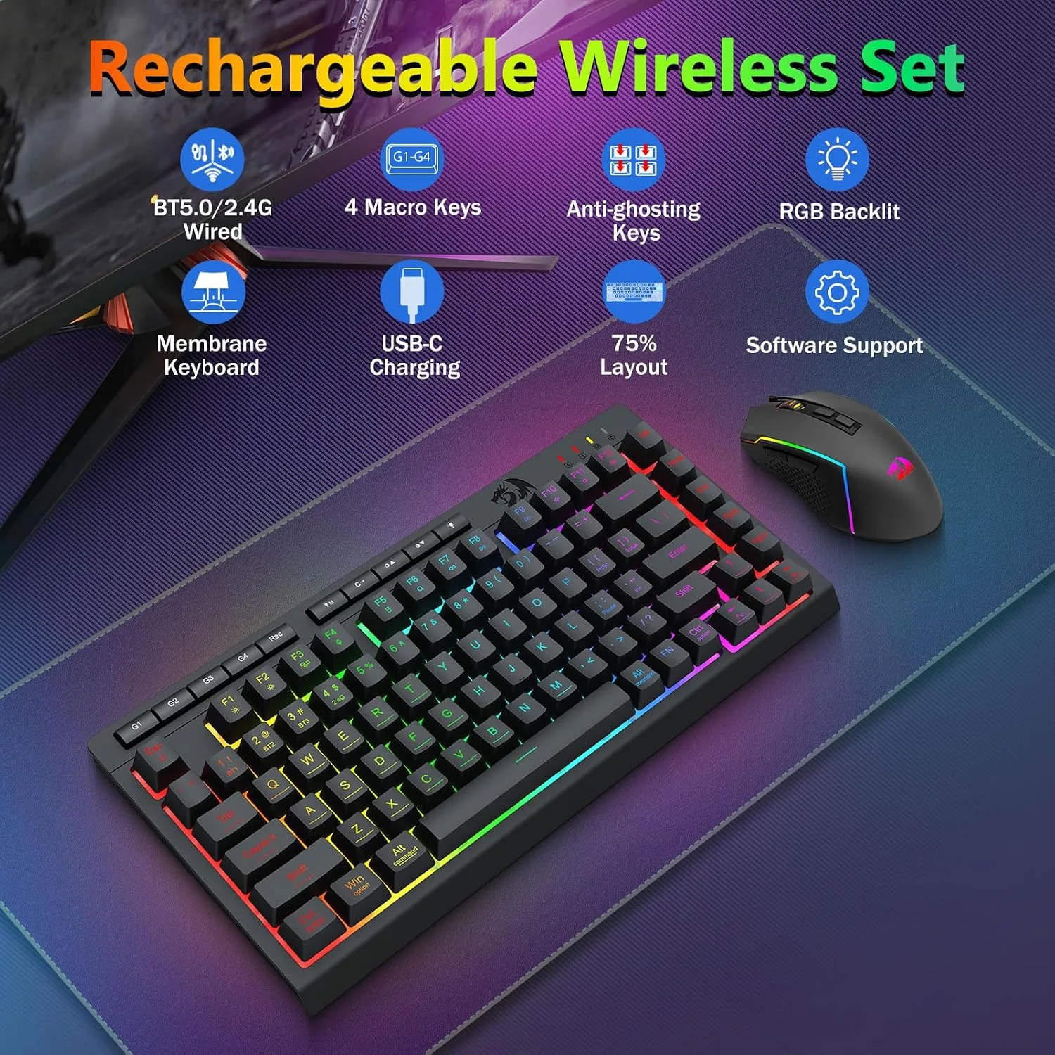 Redragon Wireless Gaming Keyboard and Mouse Combo, 75% Portable, Black