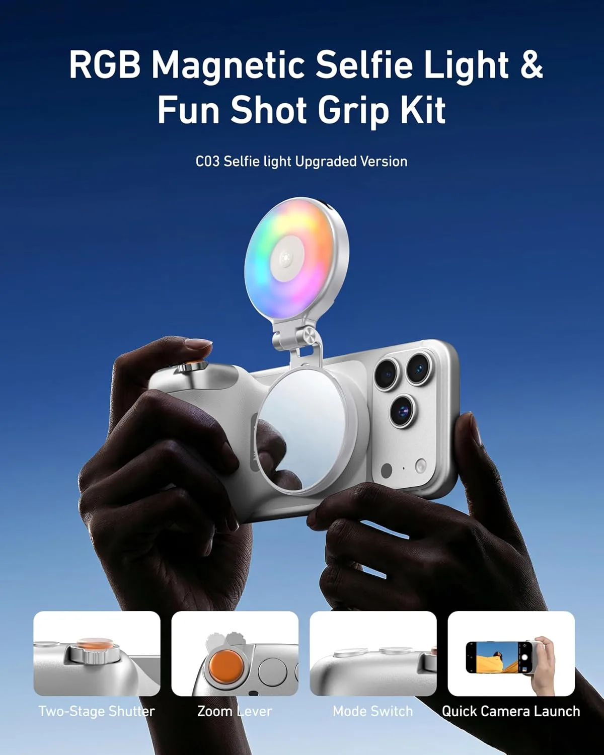TELESIN Fun Shot Magnetic Phone Camera Grip + 4 in 1 Magnetic RGB Selfie Light(White) Bundle Kit Compatible with iPhone Magsafe & Android, Creator Kit for Selfies/Photography/TikTok/Zoom Calls/Video