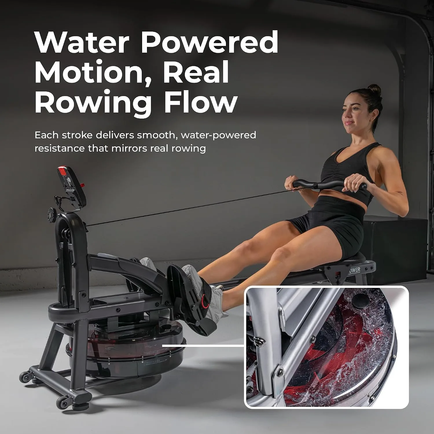 Sunny Health & Fitness Premium Water Rower w/Intensive Dynamic Real-Time Resistance, 300 LB Capacity Flip-able Rowing Machine for Home Training, Optional Free SunnyFit App Connection