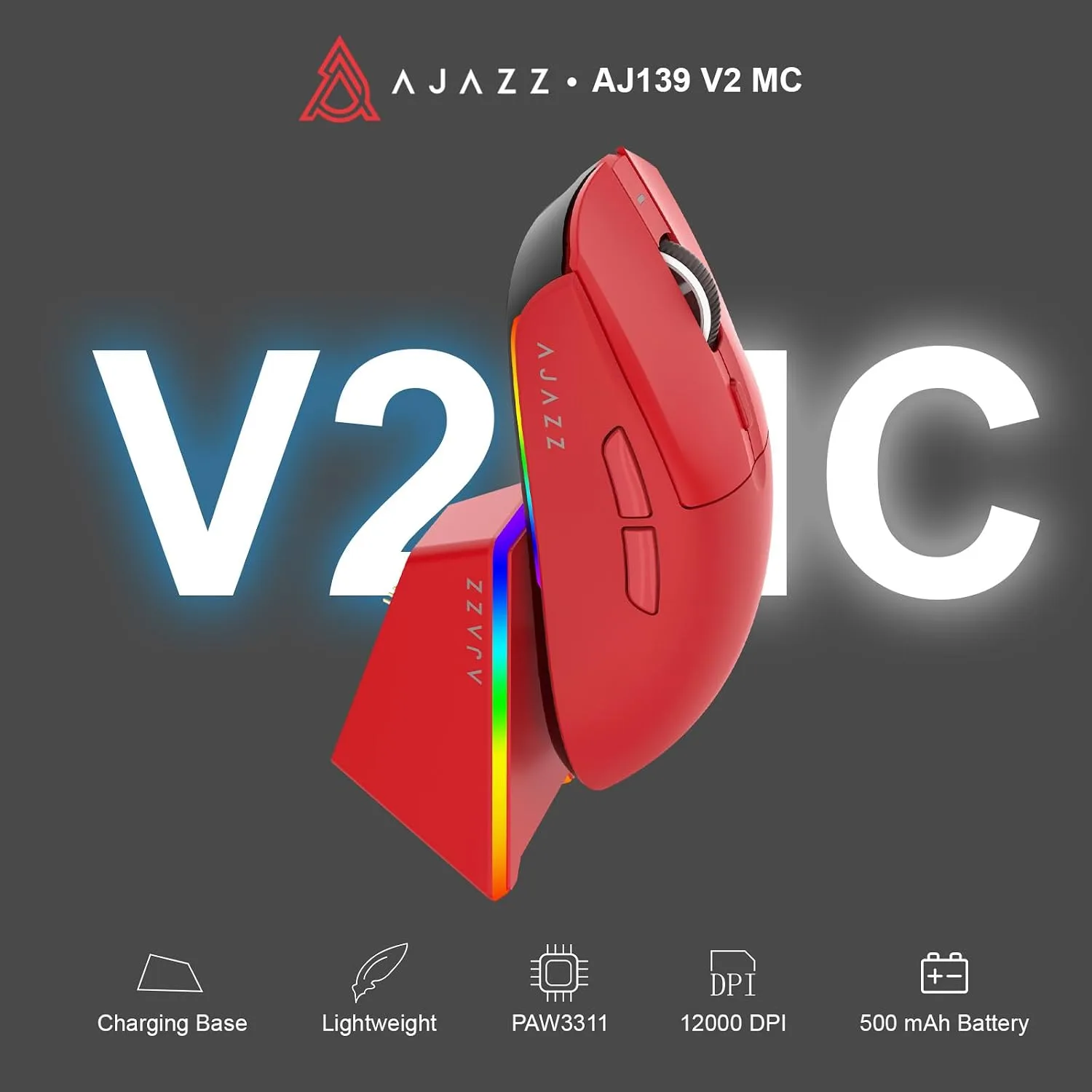 AJ139 V2 MC Wireless Gaming Mouse 2.4G Wired/Bluetooth | RGB Magnetic Charging Dock | Lightweight Design | 24000DPI | 500mAh Battery | PAW3311 Sensor | 5 Programmable Buttons, Compatible with PC/Mac
