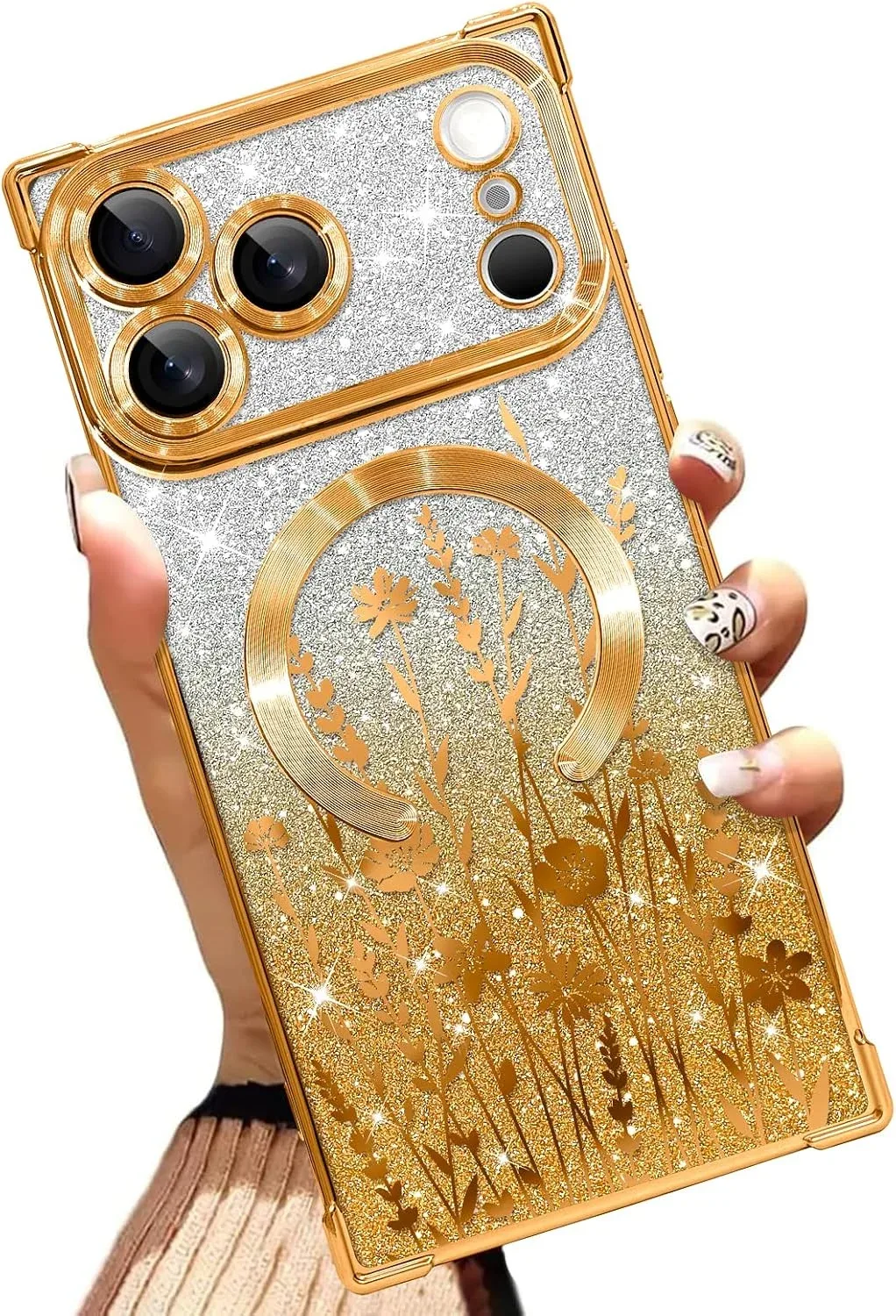 Illians Glitter Phone Case Made for iPhone 17 Pro Max 6.9 in, Gold Flowers