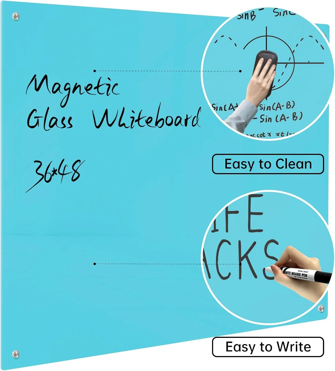 Magnetic Glass Dry Erase Board - White Board 48 x 36 Inch Wall Mounted Glass Whiteboard, Large Frameless Glass White Board for Wall Office, Home & School, Blue