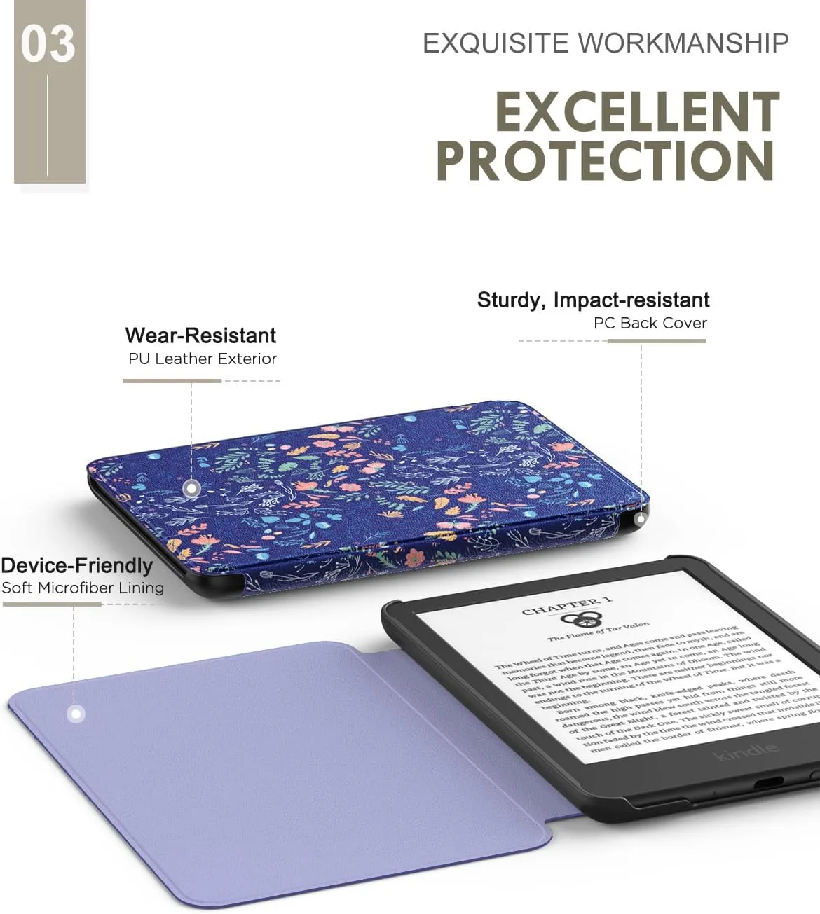 MoKo Case for 6" Amazon Kindle Basic 11th Gen 2024/2022, Flowers on Blue