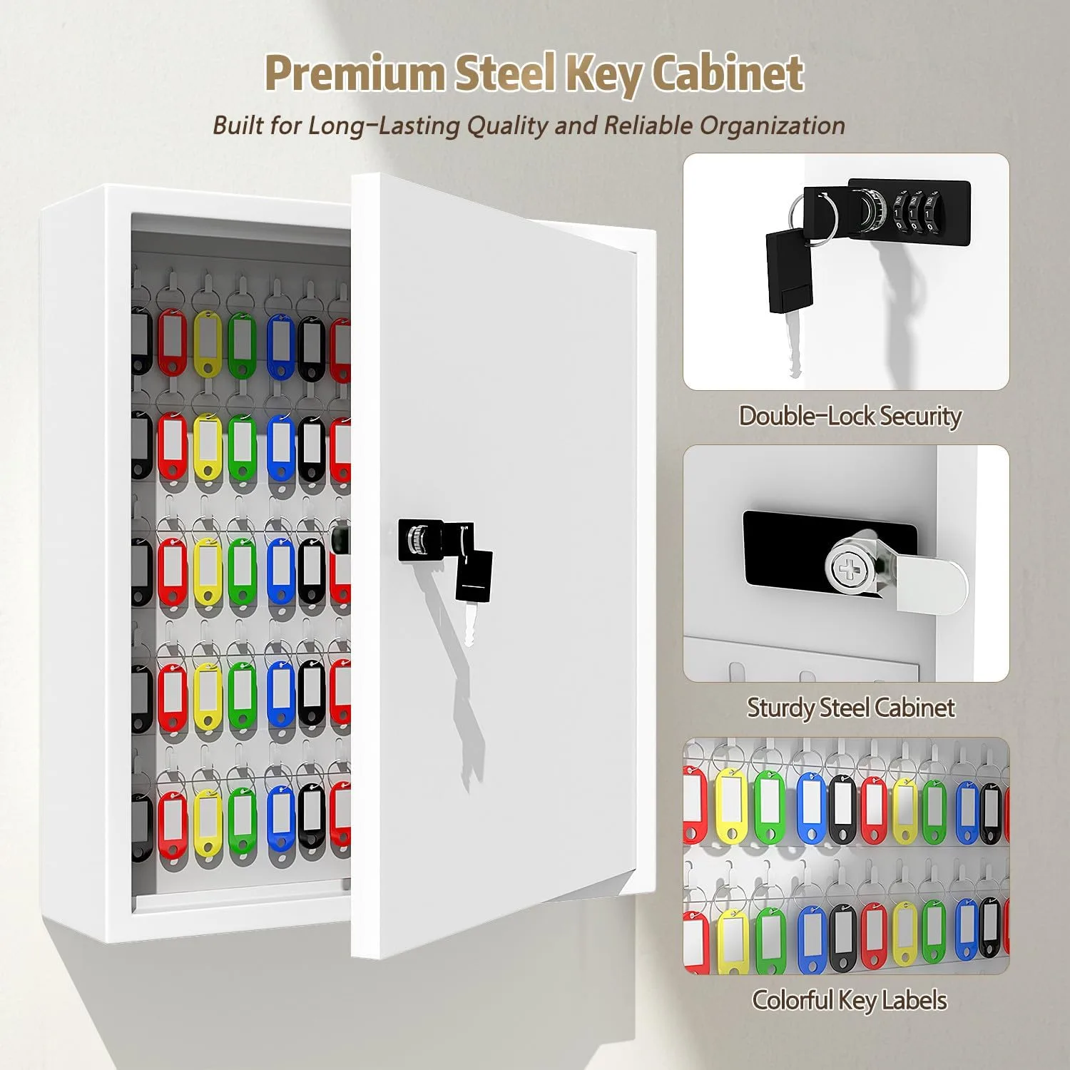 Key Cabinet Lock Box with 131-Keys: Steel Wall Mount Key Box Organizer - Large Storage and Secure Combination Lock Boxes for Home Office Business - White