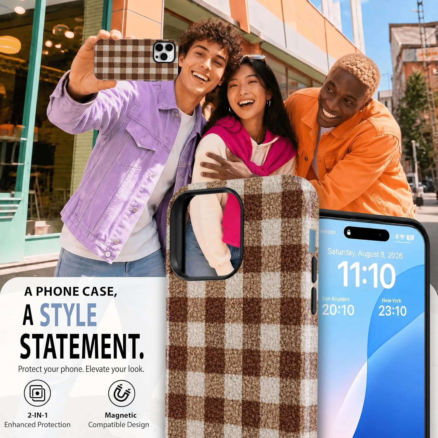 Magnetic for iPhone 14 Pro Max Chic Fall Brown Gingham Phone Case