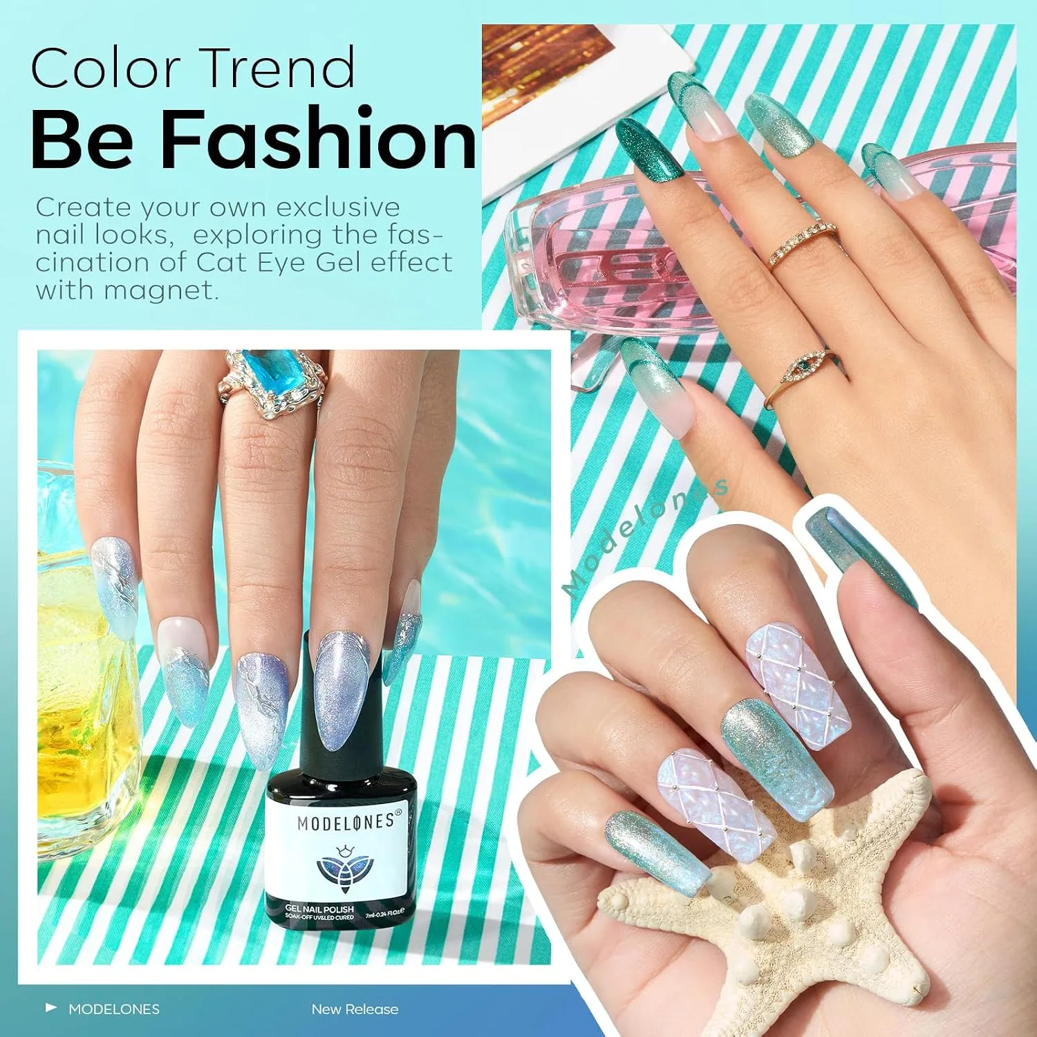 modelones Cat Eye Gel Nail Polish Set Glitter 6Colors Mint Green White