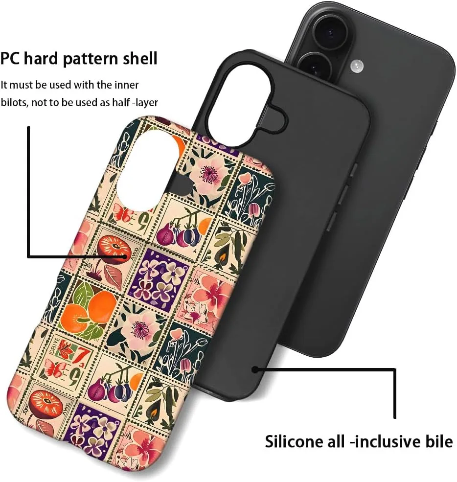 Case Compatible with iPhone 17,Fall Prevention Hybrid 2-Layer Hard Shell Phone Cover for Girls Boys,Vintage Flower Orange Stamp Collage