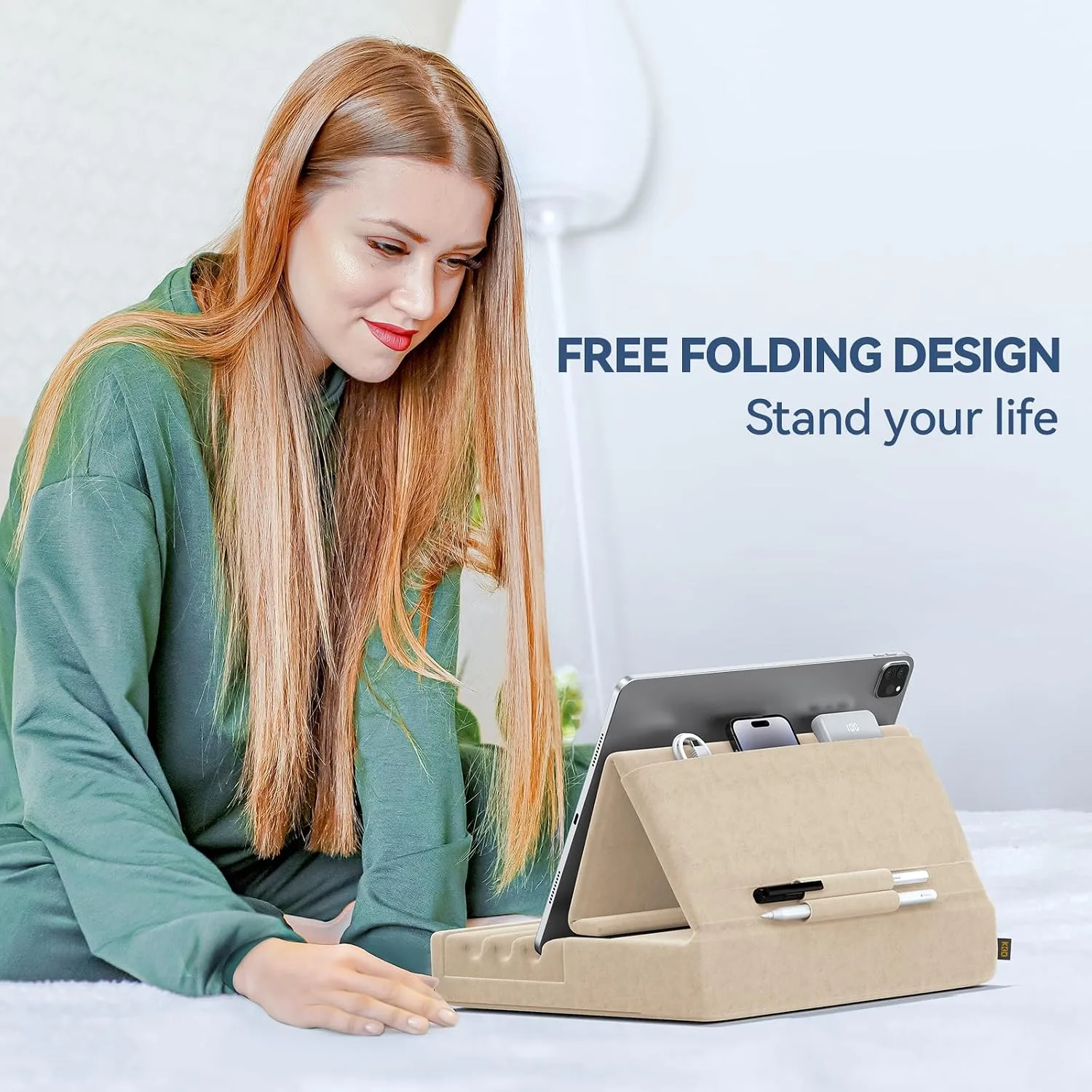 KDD Tablet Pillow Holder, Foldable iPad Stand for Lap, Bed and Desk -Tablet Soft Pad Dock with Pocket & Stylus Mount Compatible with iPad Pro 12.9, 10.5, 9.7 Air Mini 6 5 4 3, Galaxy Tab, E-Reader