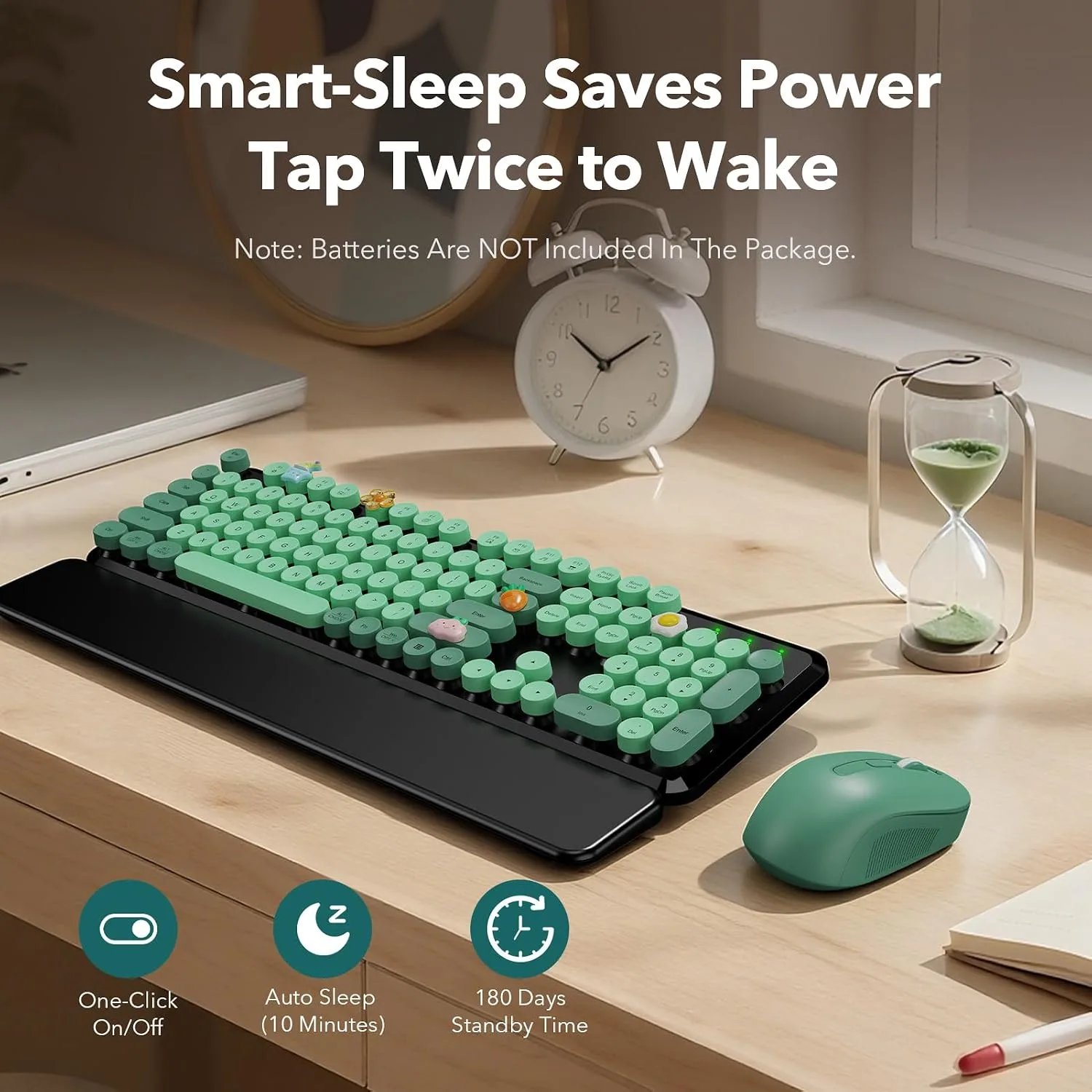 Wireless Keyboard and Mouse, Round Keycap, Magnetic Wrist Rest, Green Black