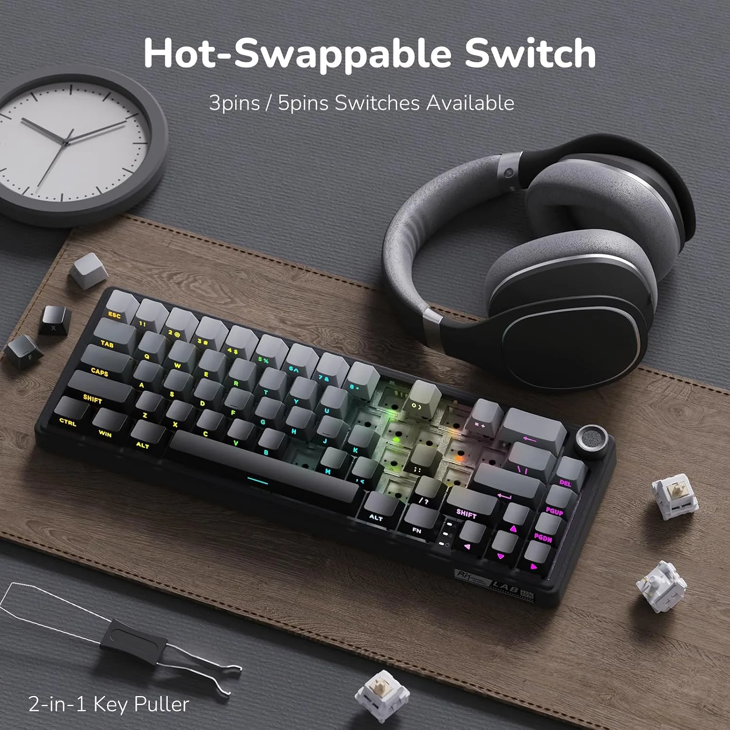 RK ROYAL KLUDGE R65 Wired Gaming Keyboard with Volume Knob, 60% Percent RGB Backlit Mechanical Keyboard, Side Printed PBT Keycaps, QMK/VIA, 66 Keys Hot Swappable Beige Switch, Gradient Black