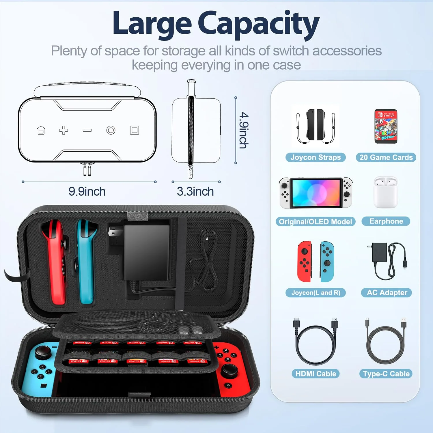 Switch Carrying Case Compatible with Nintendo & OLED, Portable Switch Travel Carry Case Fit for Joy-Con and Adapter, Hard Shell Protective OLED Pouch Bag with 20 Games, Black