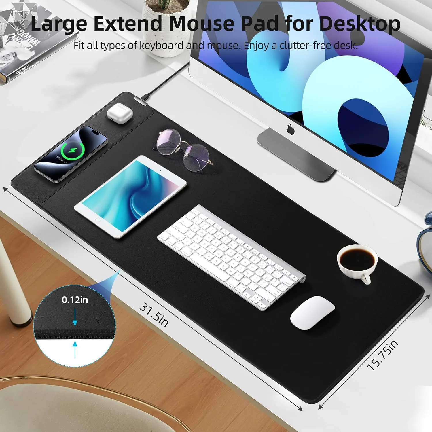Wireless Charging Mouse Pad, Gaming Desk Mat with 20W Adapter, 31.5"x15.7"