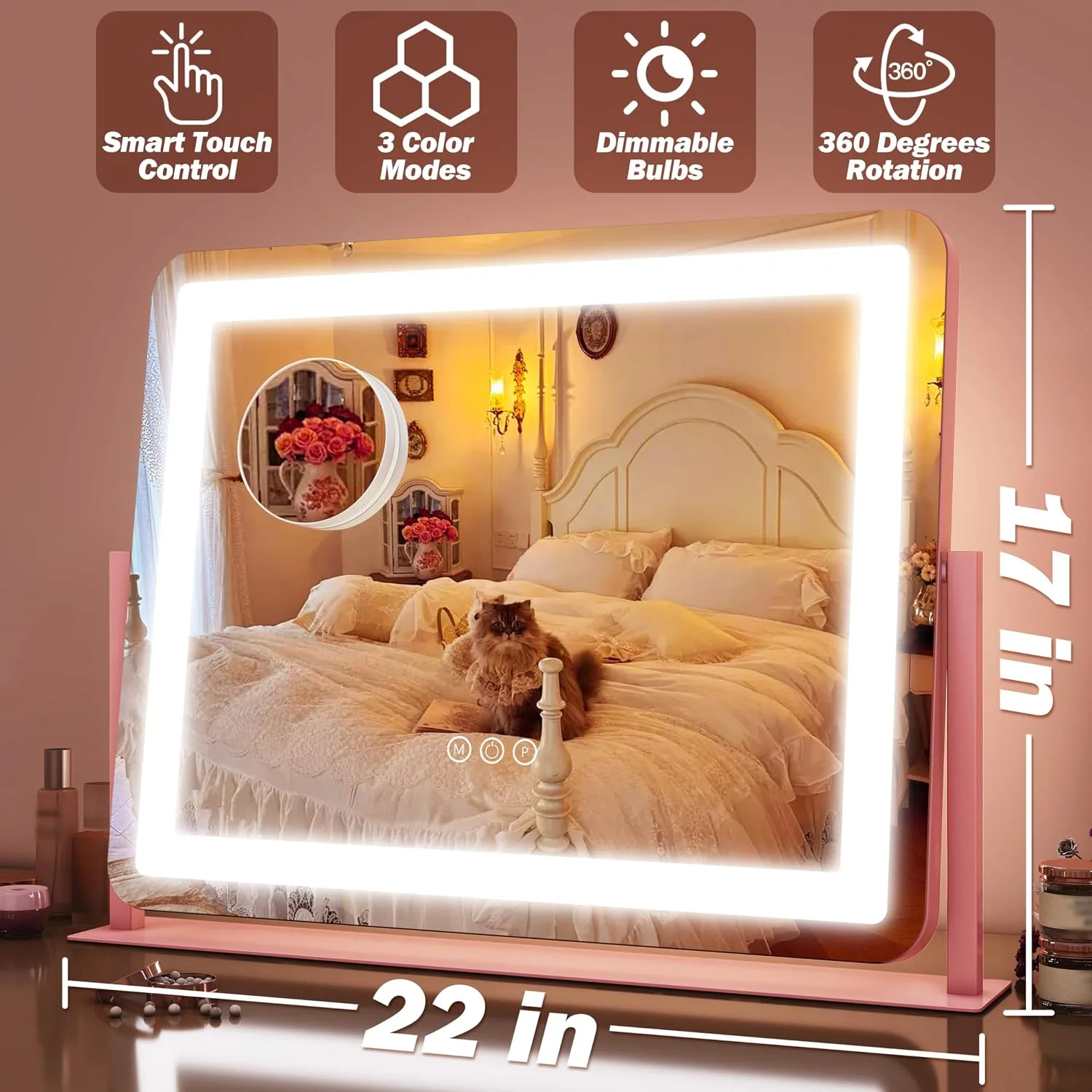 FENNIO Vanity Mirror with Lights 22''x17'' Makeup Mirror,Vanity Mirror Touch Screen with 3-Color Lighting,Dimmable,for Vanity Desk Tabletop（Pink）