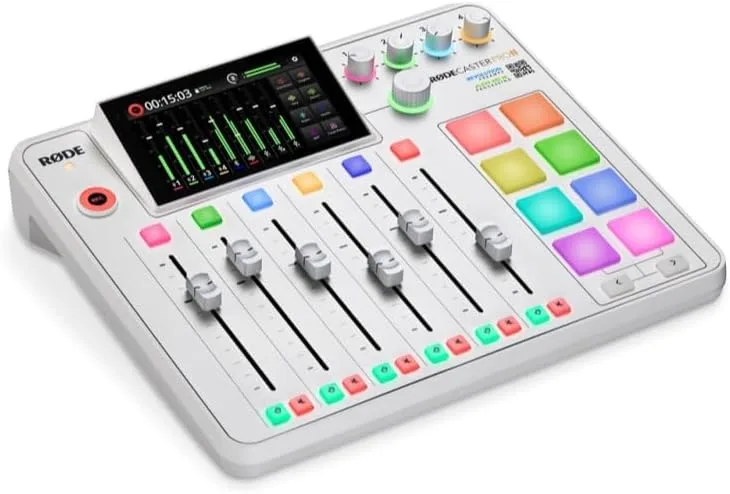 Rode RODECaster Pro II Integrated Audio Production Studio Bundled with 4 x Podcast Mic Packs + 128GB Micro-SD Card + Cleaning Cloth (White)