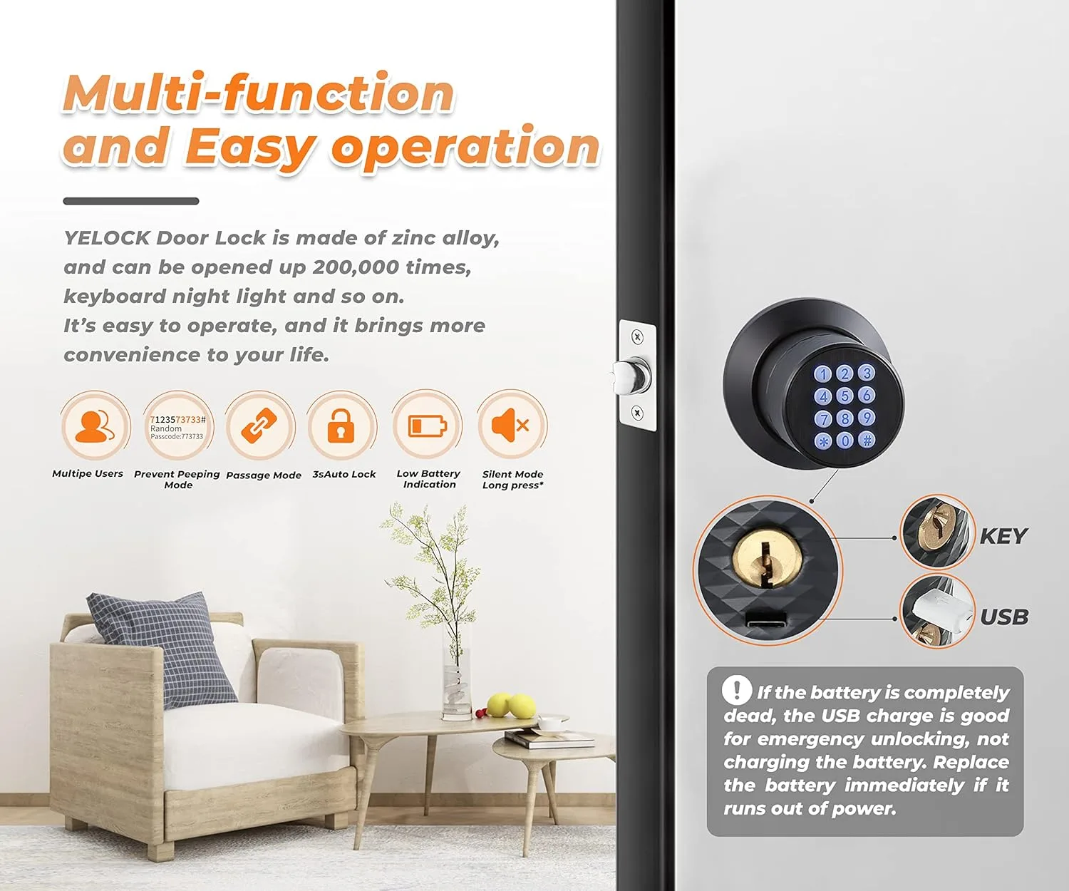 Buoan Keypad Door Knob Lock, Keyless Entry Door Knob with Handle, Black