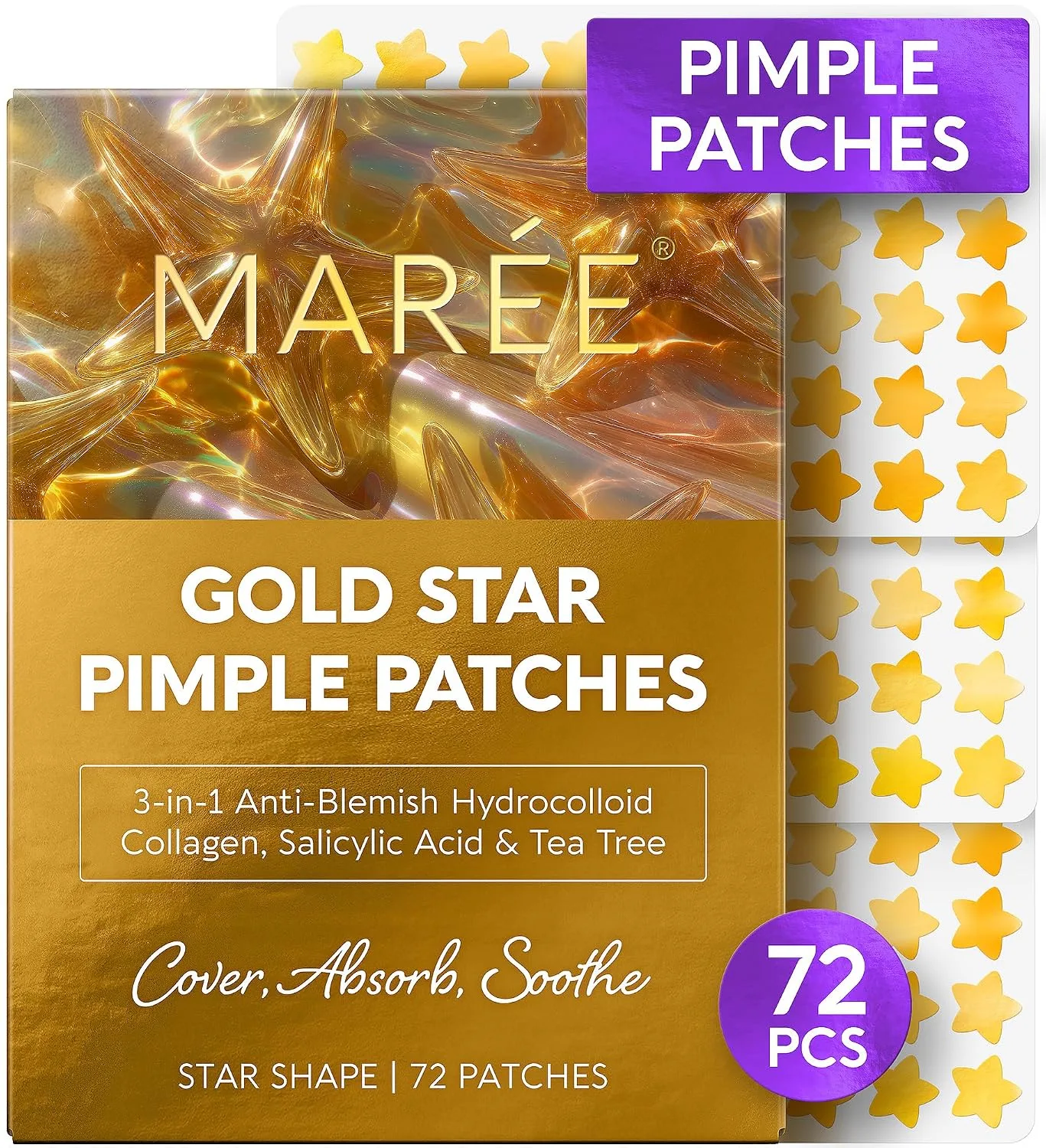 MAREE Gold Star Pimple Patches for Face - Star Acne Patches for Zits 72 Ct