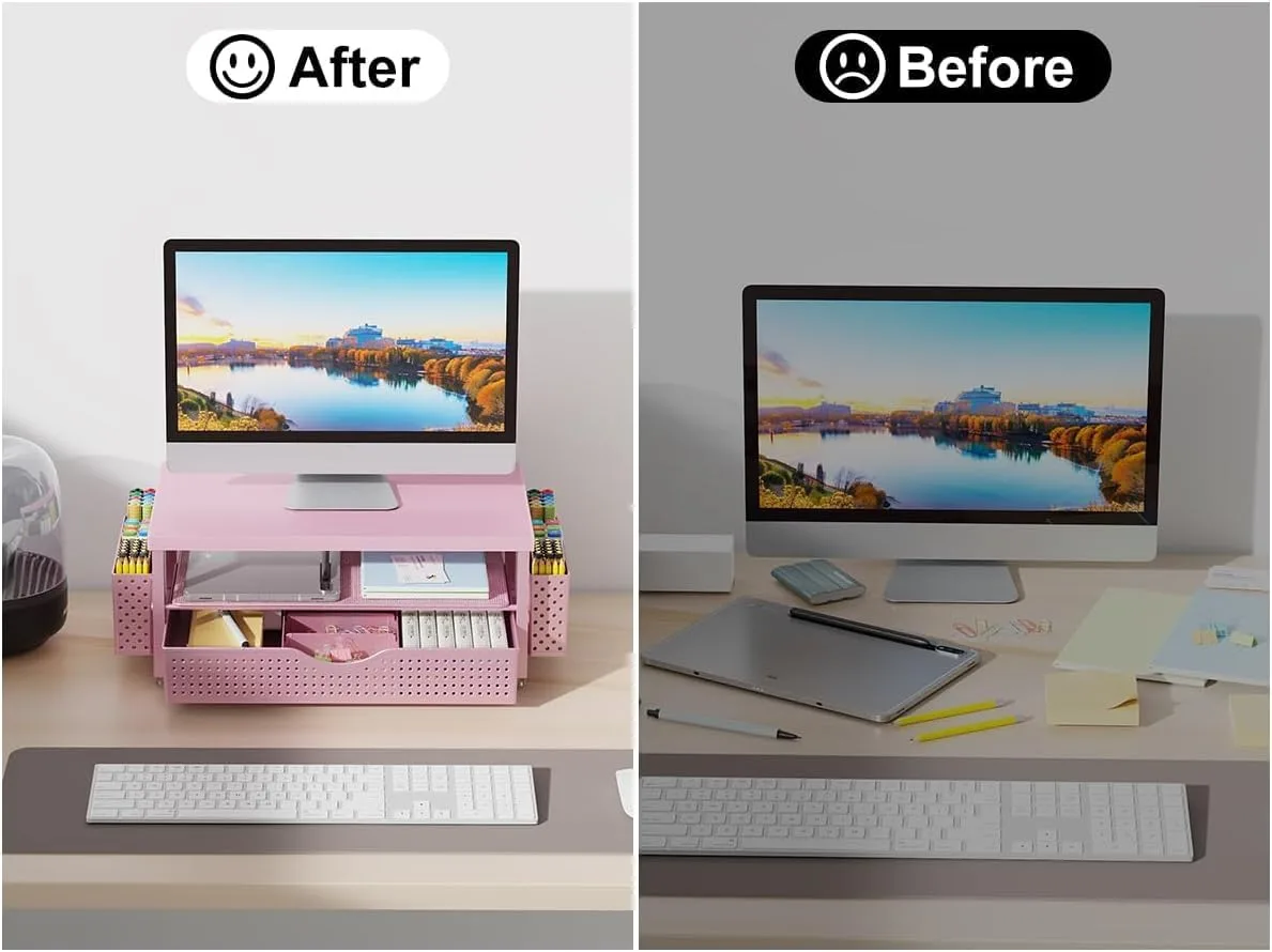 gianotter Monitor Stand with Drawer and 2 Pen Holders (Matte Pink)