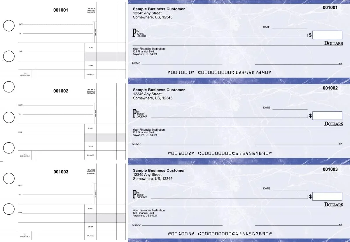ABC Manual Checks for Business 3 on a Page with Stub Voucher, Blue Checks (1000)