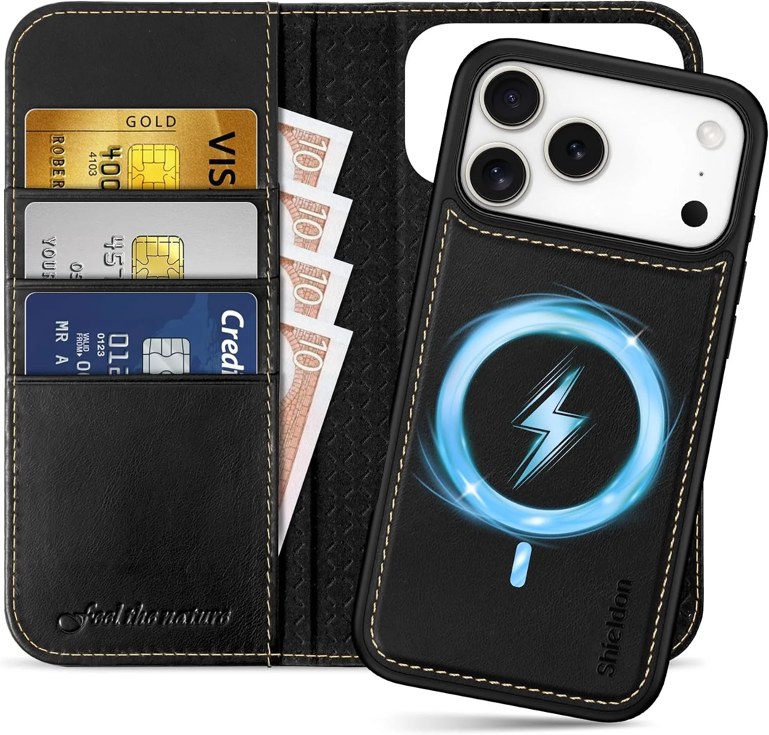 SHIELDON 2 in 1 Wallet Case for iPhone 18 Pro Max/17 Pro Max, Retro Black