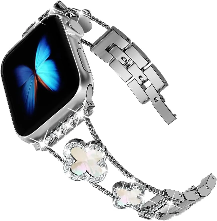 Musk-MSKR Diamond Metal Bands Add Sparkle to Your Watch For Apple Watch Series 12/11/10/9/8/7/6/5/4/3/2/SE/Ultra Clover Simple and Stylish Compatible with 38mm40mm41mm42mm44mm45mm 46mm49mm Women's Wear