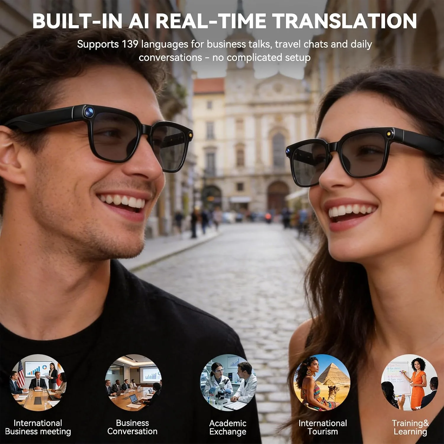 AI Smart Glasses with Camera, 1080P EIS Video, Bluetooth Music