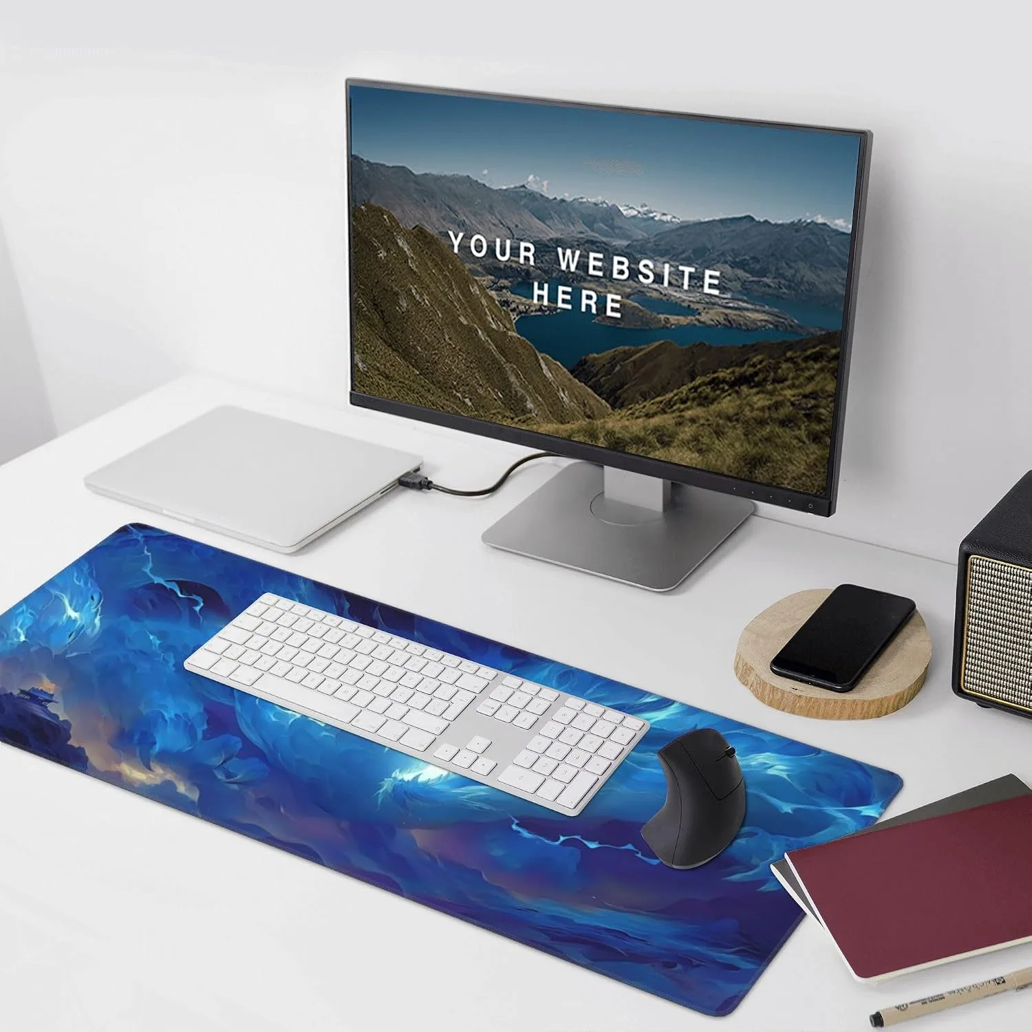 Large Gaming Mouse Pad with Blue Dragon Design, Extended Desk Mat, Non-Slip Rubber Base, 35.4" x 15.7"
