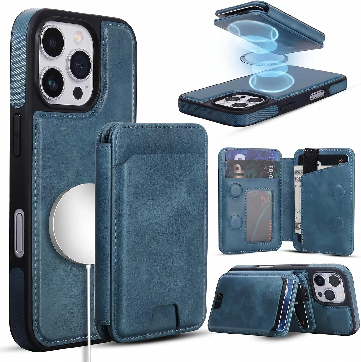 Magnetic Detachable Wallet Case for iPhone 16 Pro with Kickstand,2-in-1 MagSafe Compatible RFID Blocking Card Holder,Slim PU Leather Cover Blue