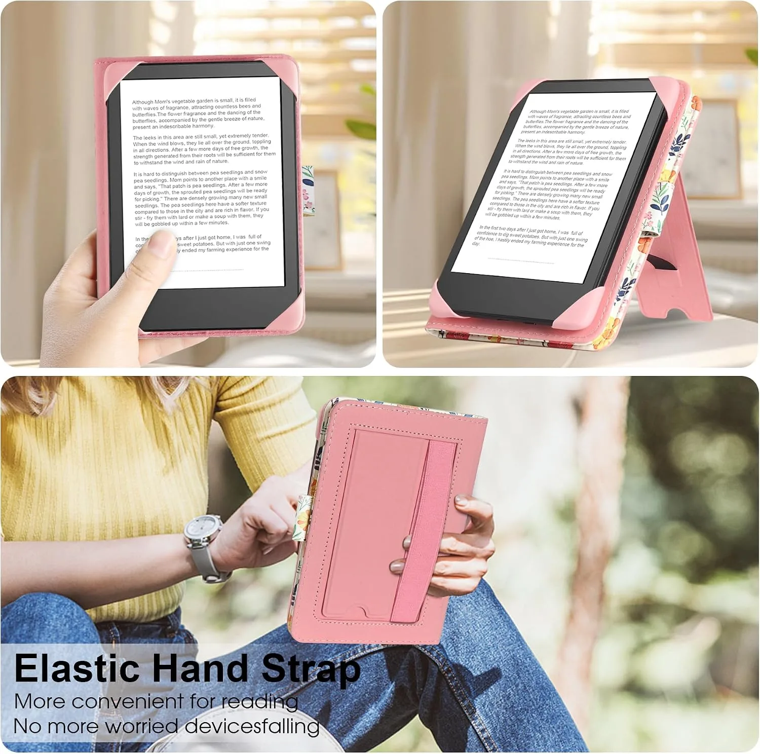 HoYiXi Universal Case for 6 inch eReader,Compatible with Kindle/Kobo Clara HD/Kobo Clara 2E/Paperwhite/Pocketbook/Tolino eReader,with HandStrap/Kickstand, Cover Case for 6'' eReaders,Floral