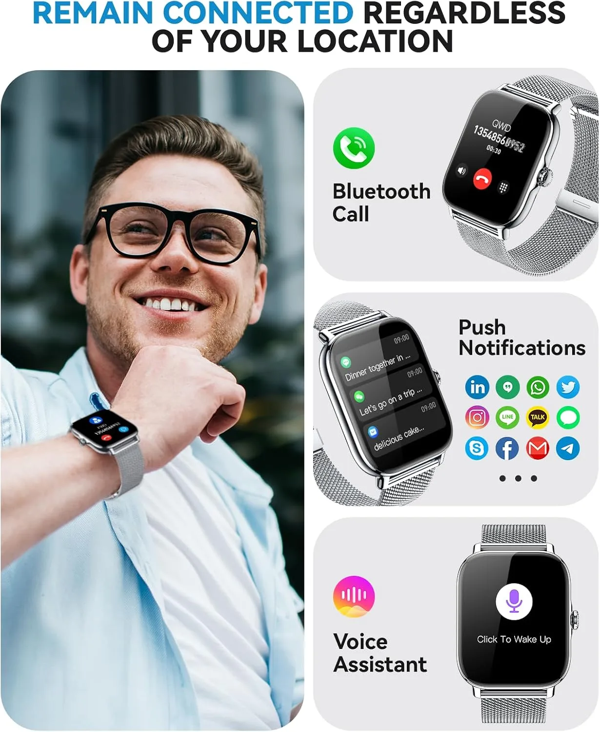 Smart Watch for Women Men- Answer/Make Call, IP68 Waterproof Fitness Tracker with Sleep Monitor,Smartwatch for Andriod iPhone Compatible (Silver Case w/Starlight & Siliver Milanese Band, 1.91)