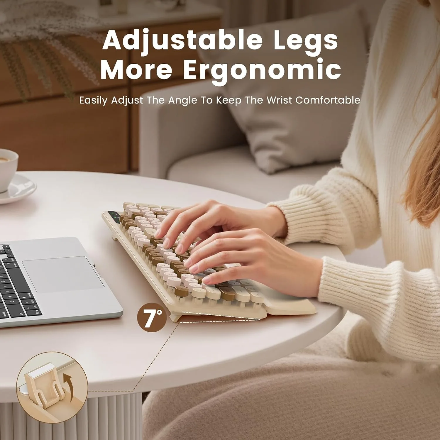 Wireless Keyboard, Round Keycaps, Retro Typewriter Keyboard with Magnetic Wrist Rest, Sleep Mode, Foldable Legs, 2.4GHz Full-Size Cordless Computer Keyboard for Windows PC, Laptop (Beige & Brown)