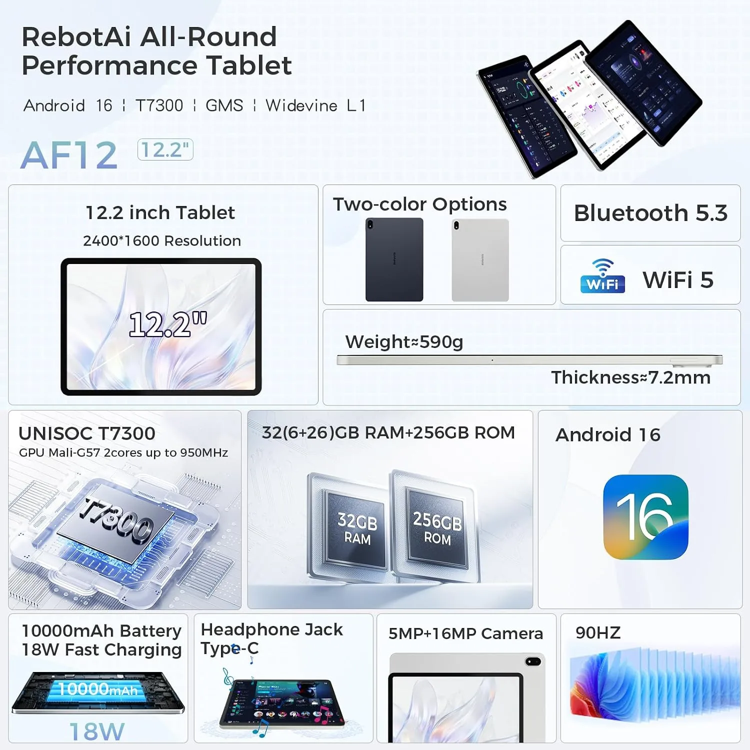 Android 16 Tablet, 12.2 Inch Tablet 2.5K, 32GB + 256GB, 10000mAh