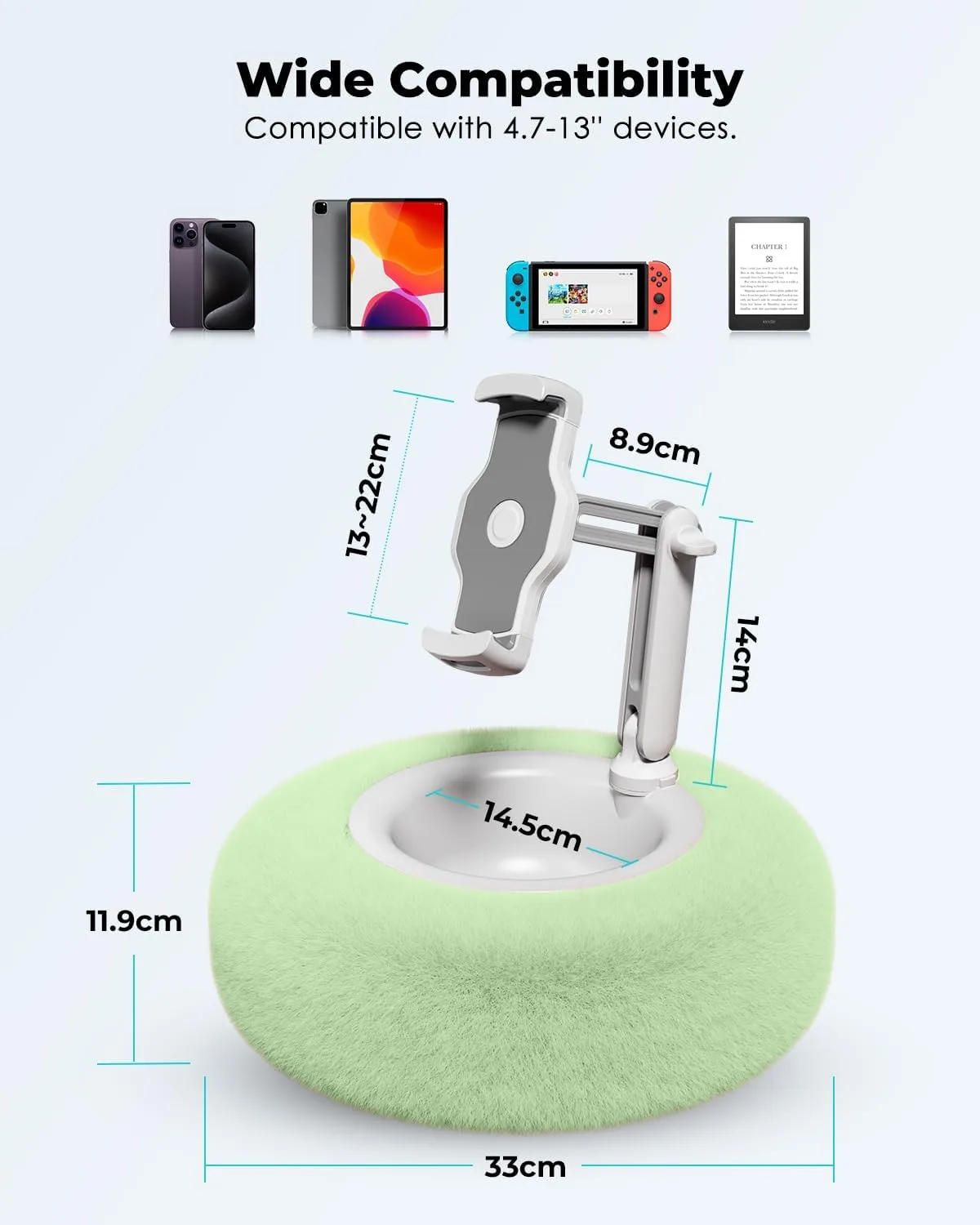 Viozon Tablet Stand Pillow, Compatible with 4.7"-13" Phone/Tablet, iPad, iPhone, Samsung, Google, Kindle, 360°Adjustable Phone Holder for Bed with Soft Plush Fabric, and Detachable Bowl, Green