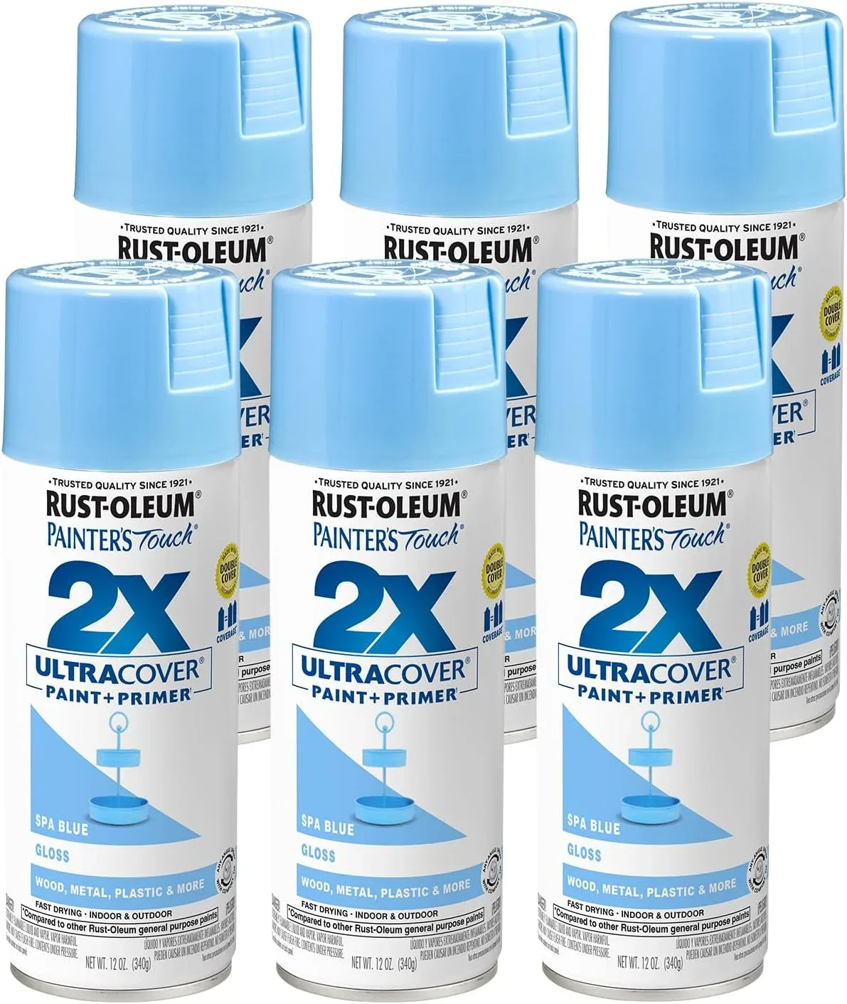 Rust-Oleum 334045-6PK Painter's Touch 2X Ultra Cover Spray Paint, 12 oz, Gloss Spa Blue, 6 Pack