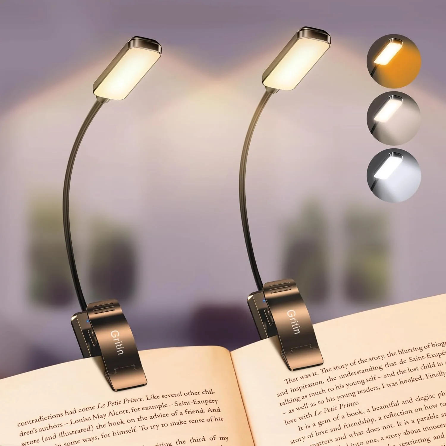 Gritin 2 Pack 9 LED Rechargeable Book Light for Reading in Bed