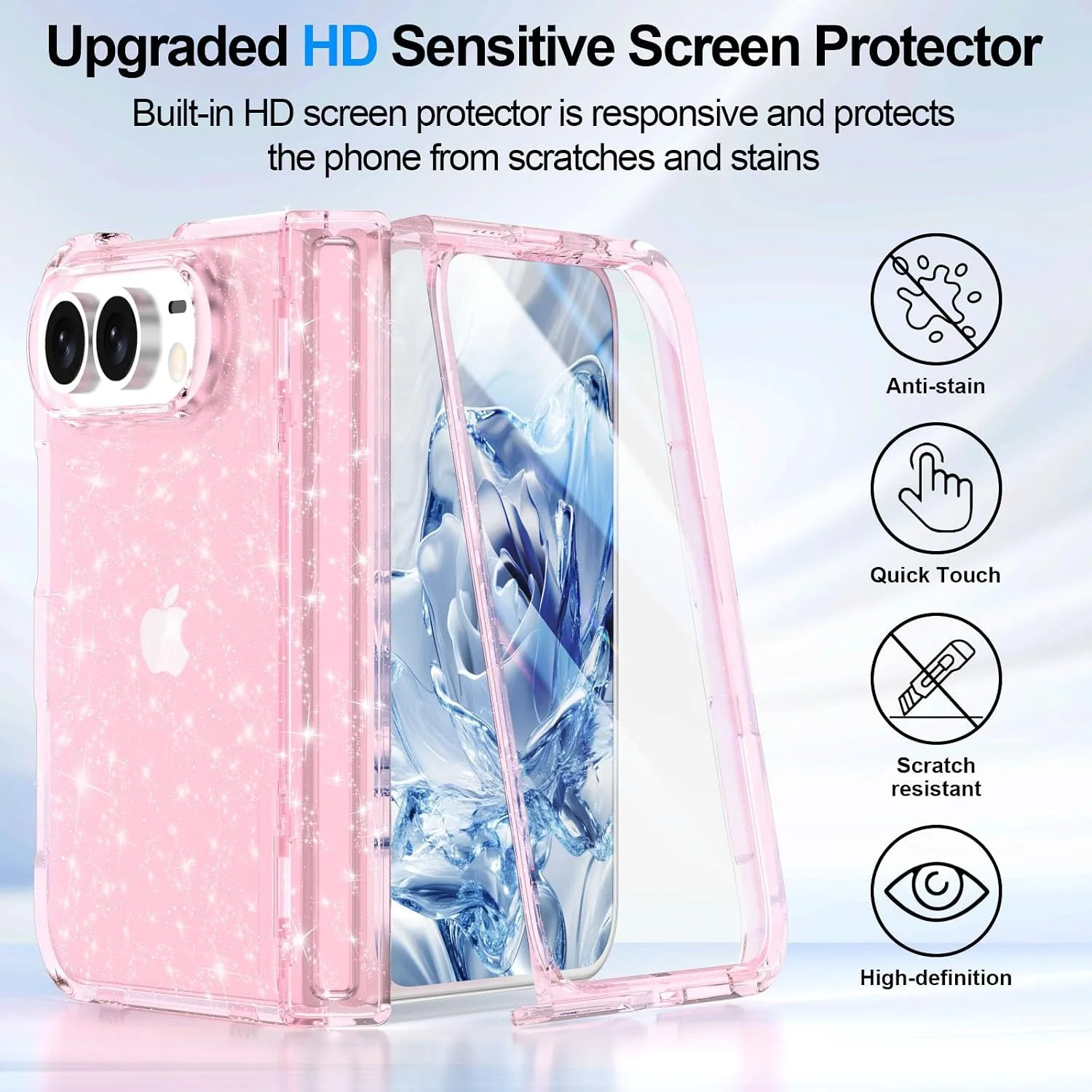For iPhone Duo Case Clear Sparkle with Hinge Protection Pink Glitter