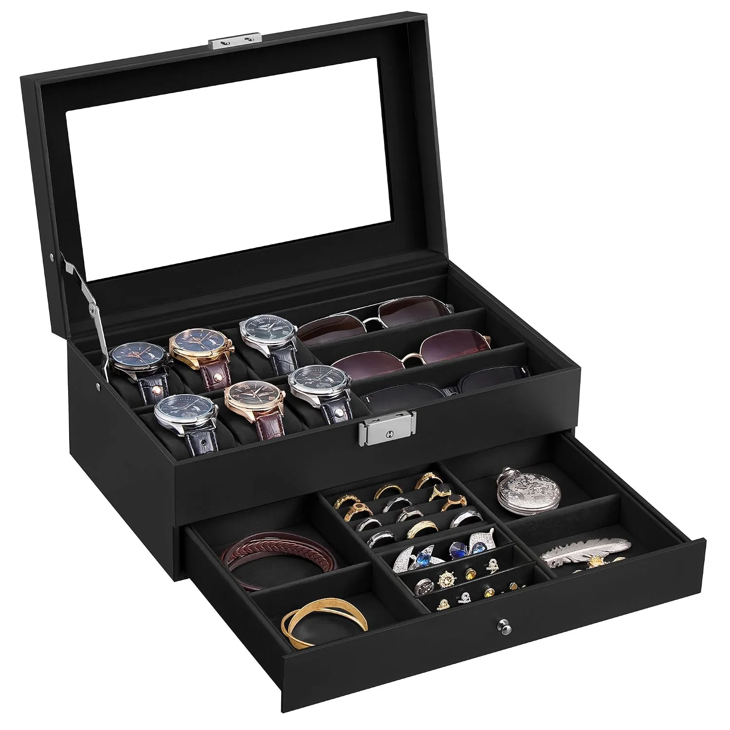 SONGMICS Watch Box for Men, 2-Tier Case with 6 Slots and Glass Lid