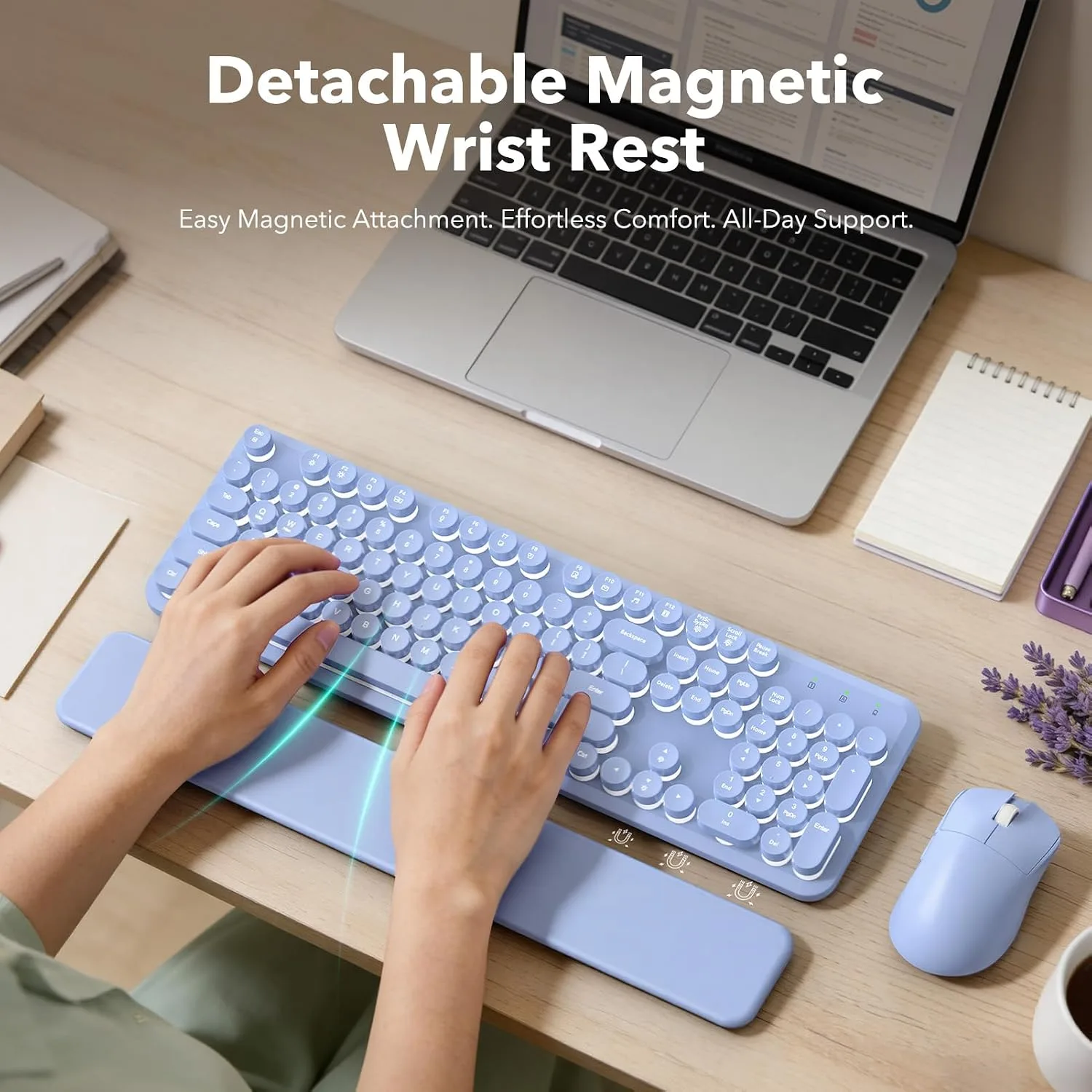 Wireless Keyboard and Mouse Combo, Backlit Round Keycaps, Retro Typewriter Keyboard with Detachable Wrist Rest, Rechargeable & Tilt Legs, 2.4GHz Cordless Connection for Windows/PC (Glowing Purple)