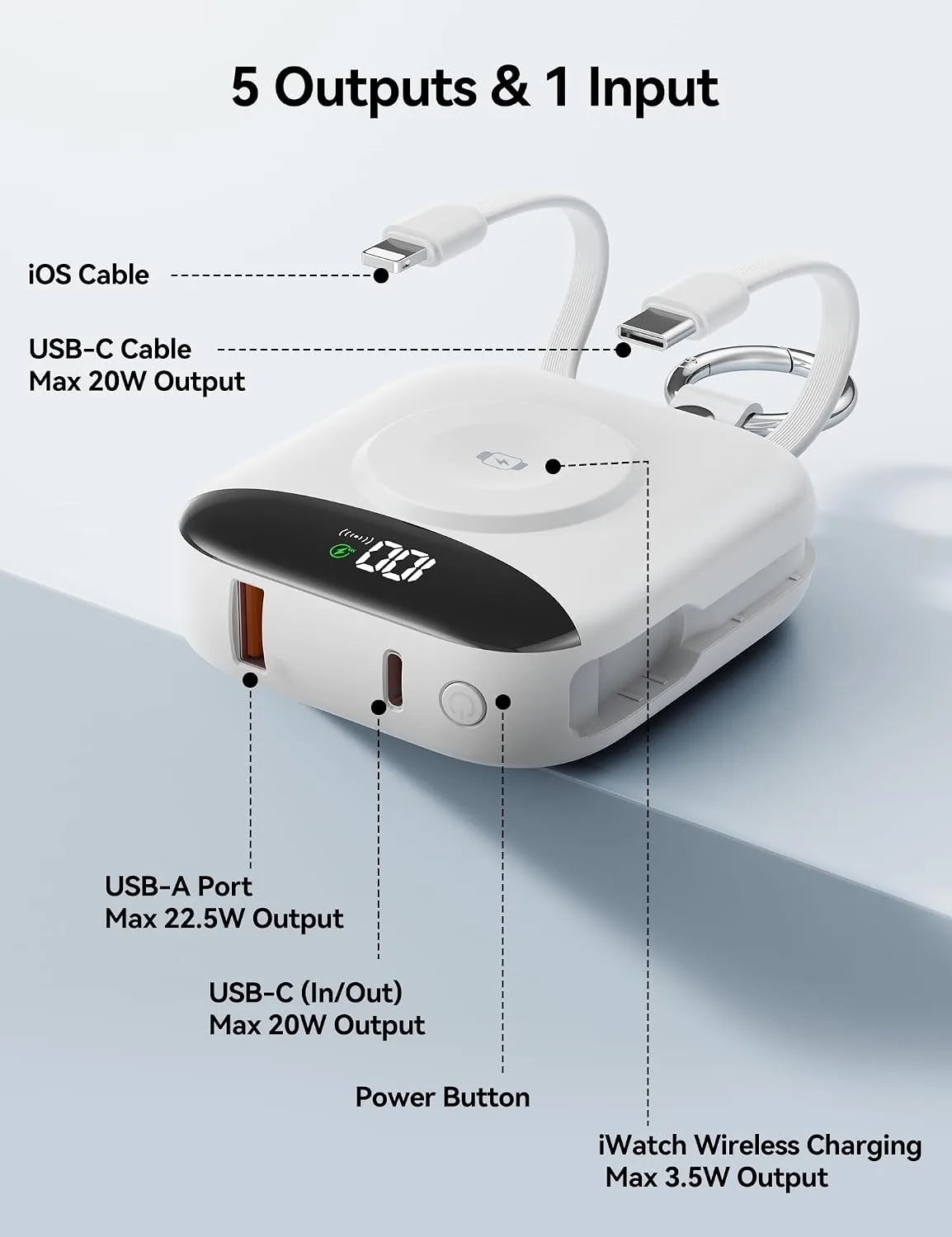 Portable Charger 10000mAh 22.5W Power Bank Built-in 2 Cables Keychain