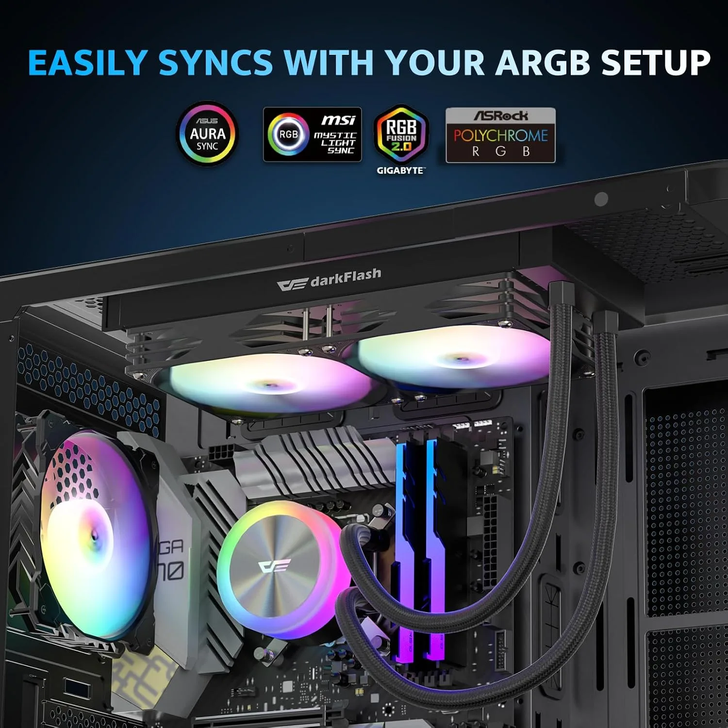 darkFlash DG240 All-in-one Liquid CPU Cooler, High-Performance Pump, ARGB Sync, PWM Daisy Chain Connection Fans, AIO Cooler Compatible with Intel 1851/1700, AMD AM4/AM5 (Black, 240mm AIO)